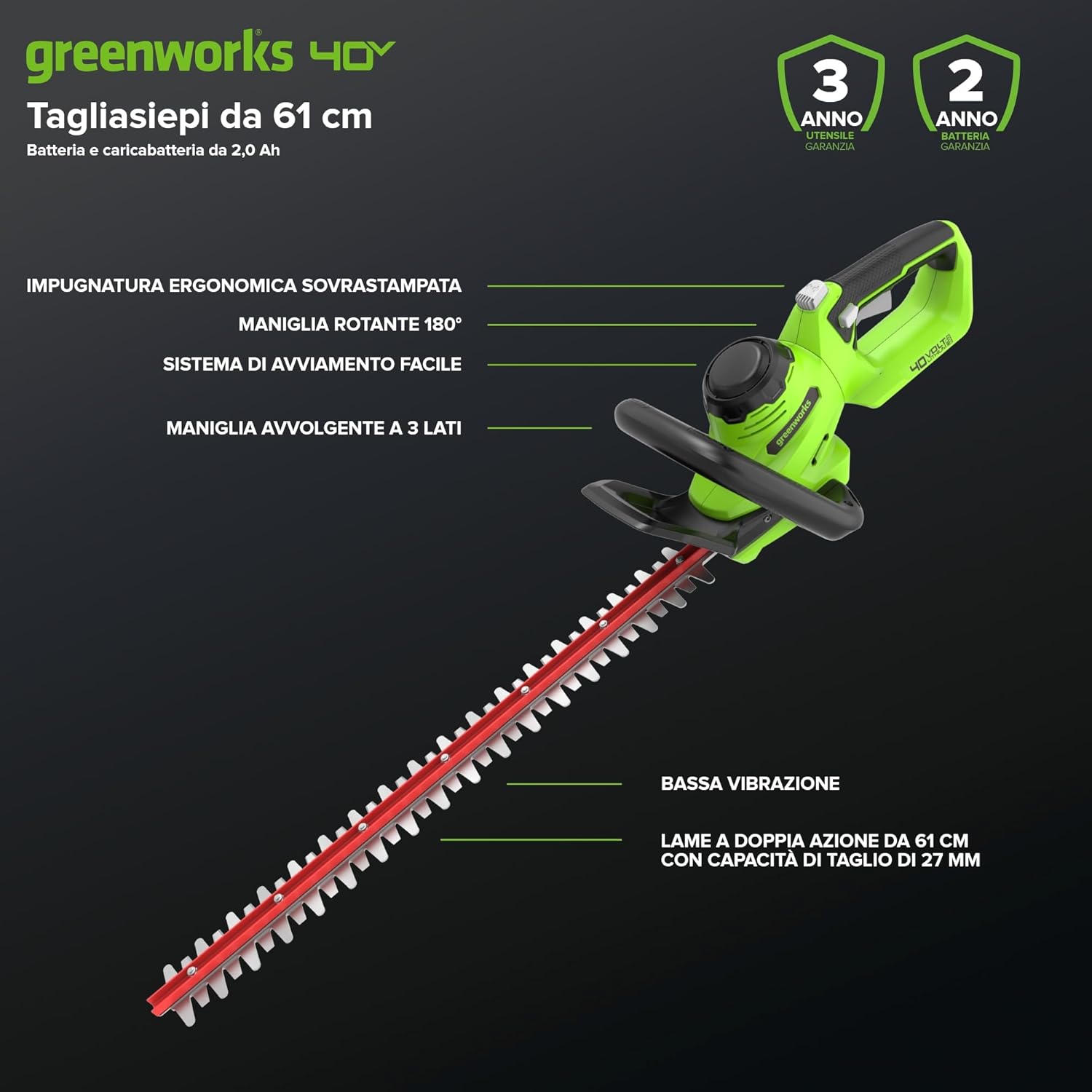 Detalle de Greenworks G40HT61K2 Tagliasiepi a batteria con lama doppia da 61 cm, taglio fino a 27 mm
