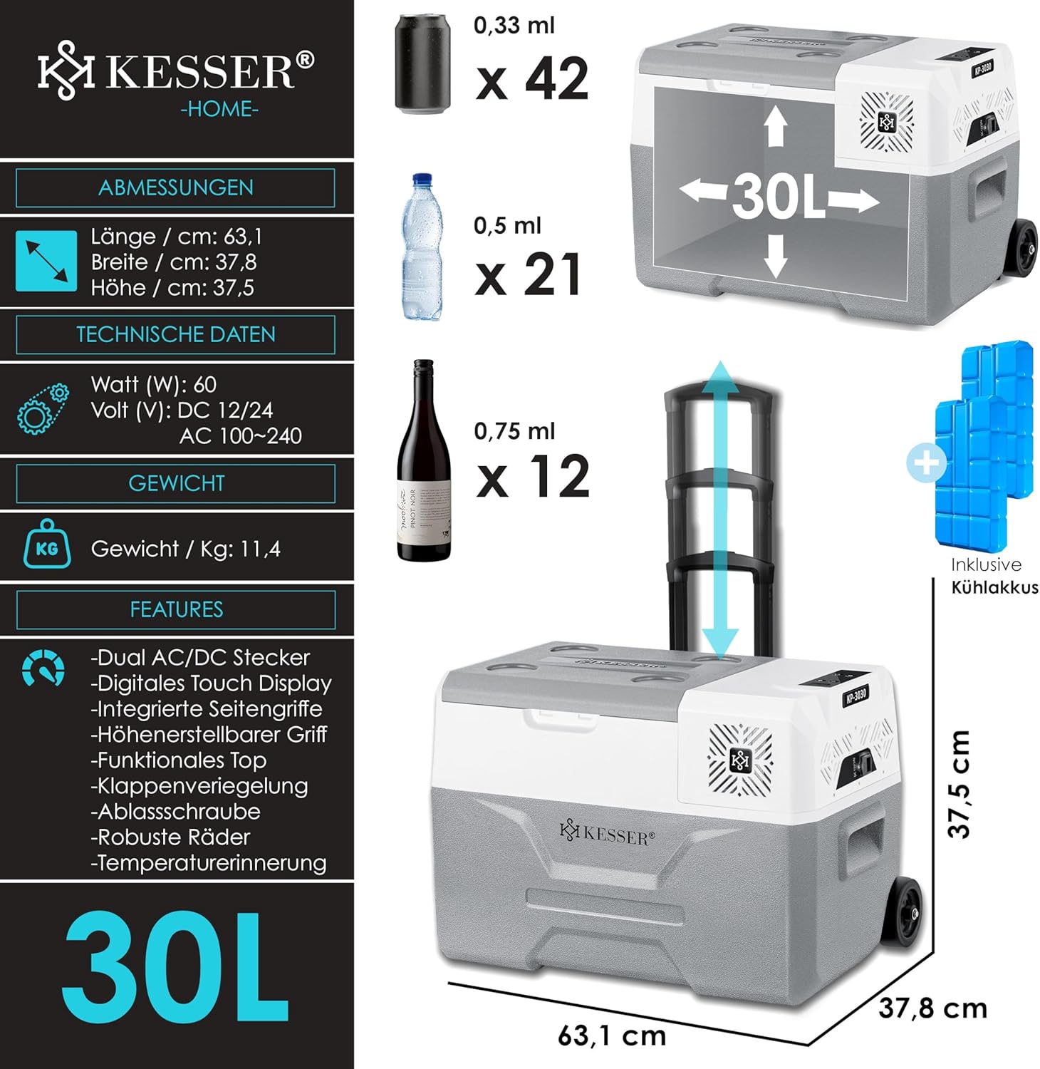 Thumbnail 6 de KESSER Kompressor Kühlbox 30L – APP-Steuerung, Gefrierfunktion bis -20°C, 12/24V/230V, Räder