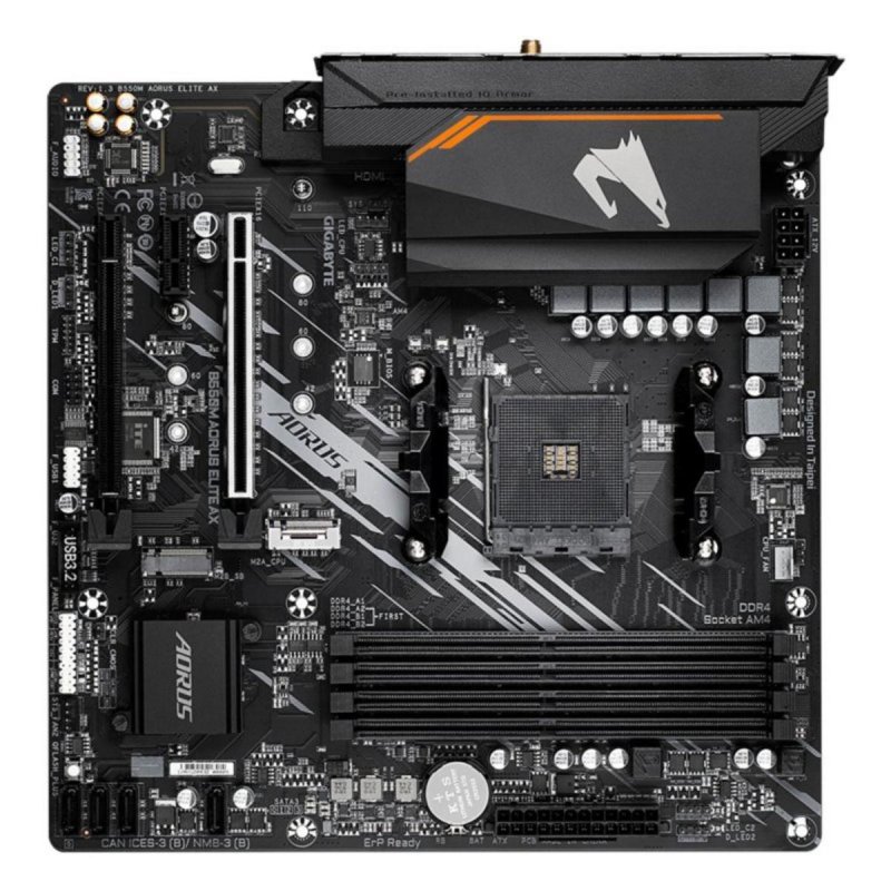 Detalle de Gigabyte B550M AORUS ELITE AX WiFi 6E: Placa base MicroATX para Ryzen en formato compacto