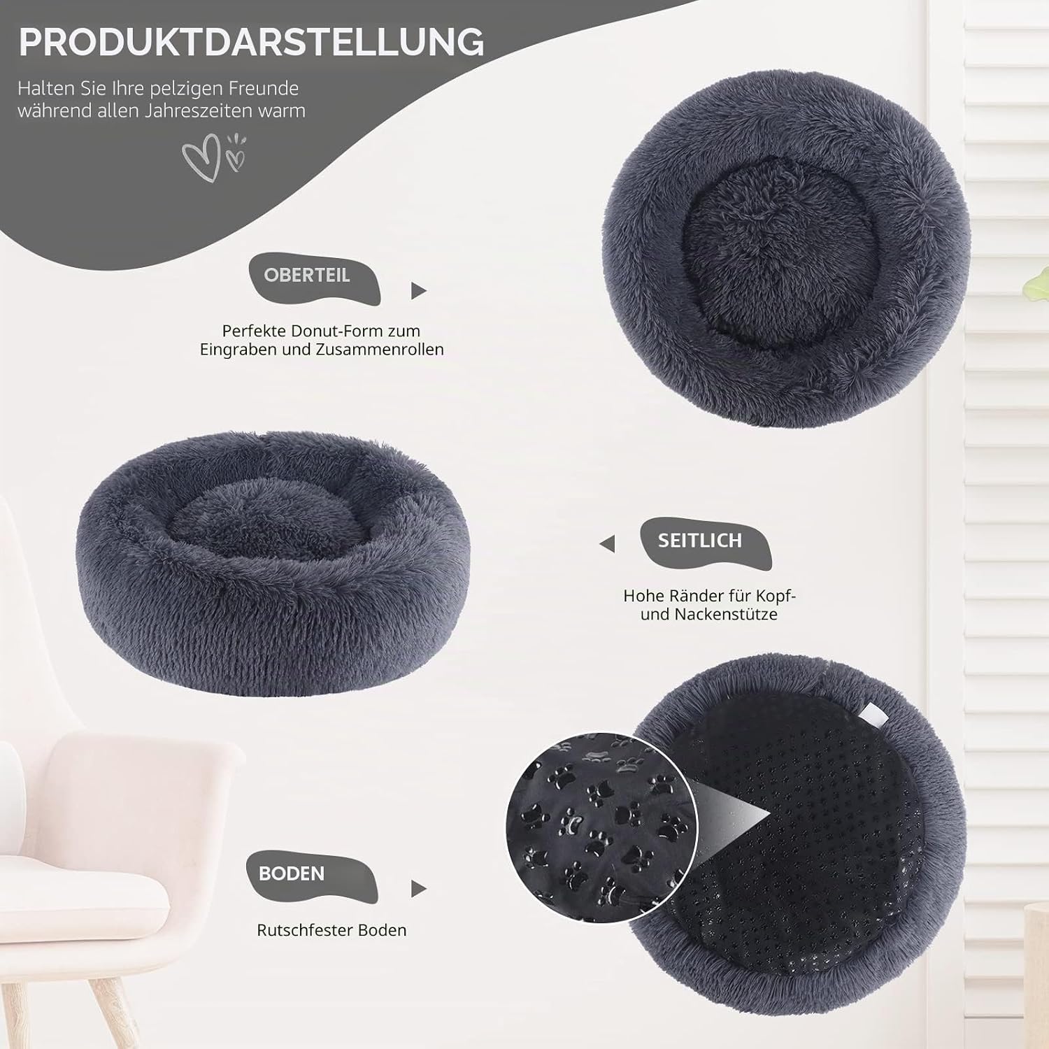 Detalle de BVAGSS Rundes Hundebett Donut Kuscheliges Haustierbett 60 cm – Flauschig Plüsch, wasserdichte Unterseite, dunkelgrau