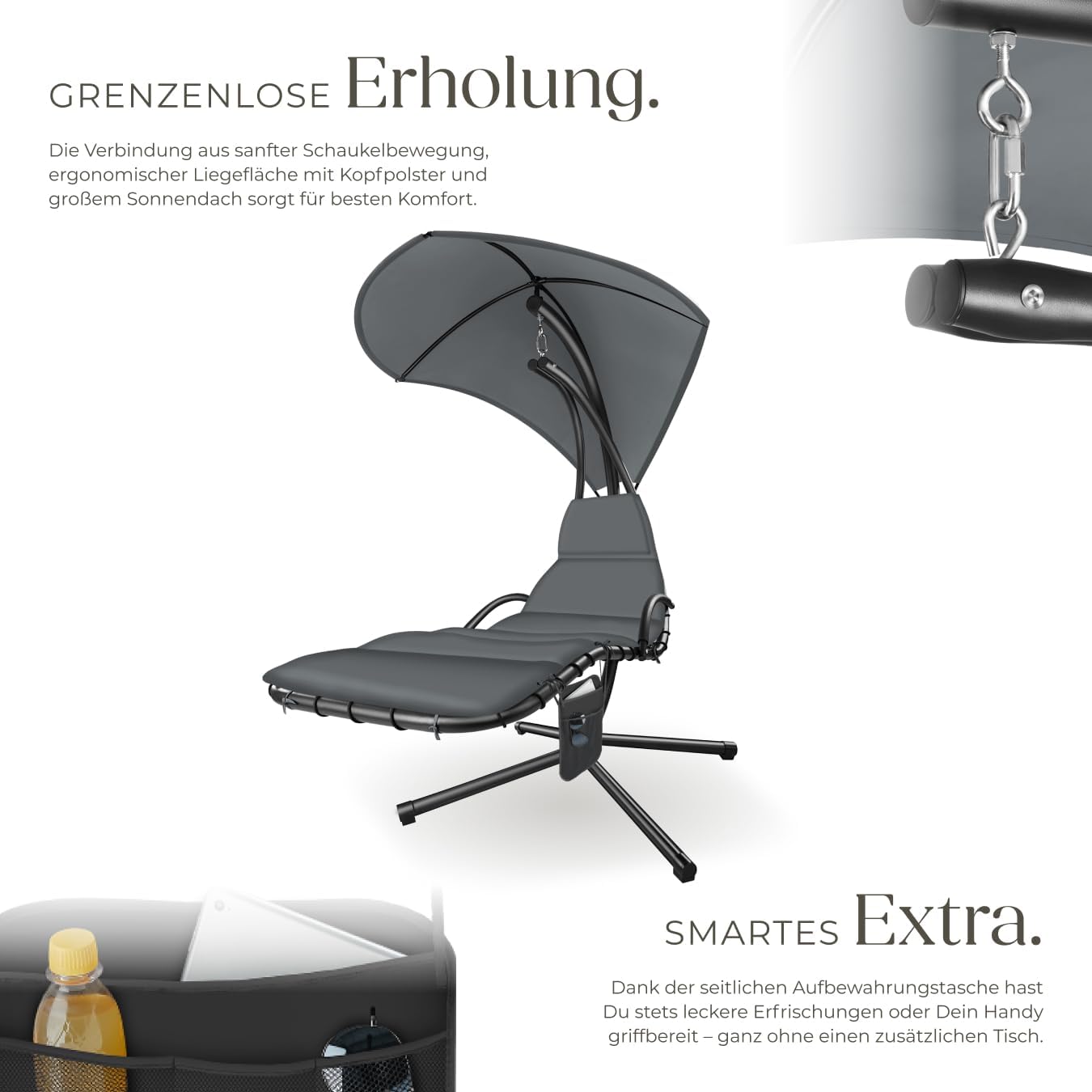 Detalle de tectake® Hängeliege mit Gestell – Schwebeliege mit Sonnendach, Polsterauflage und Tasche