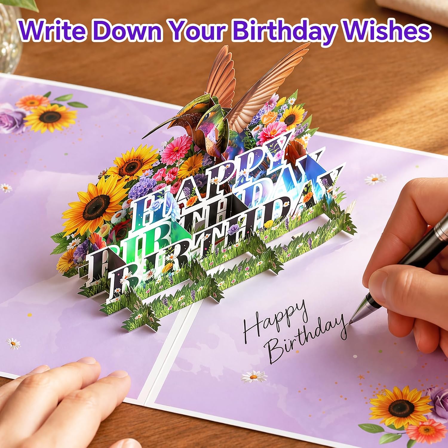 Detalle de Birthday Card: 3D Pop-Up with Music & Light – Hummingbird Flowers