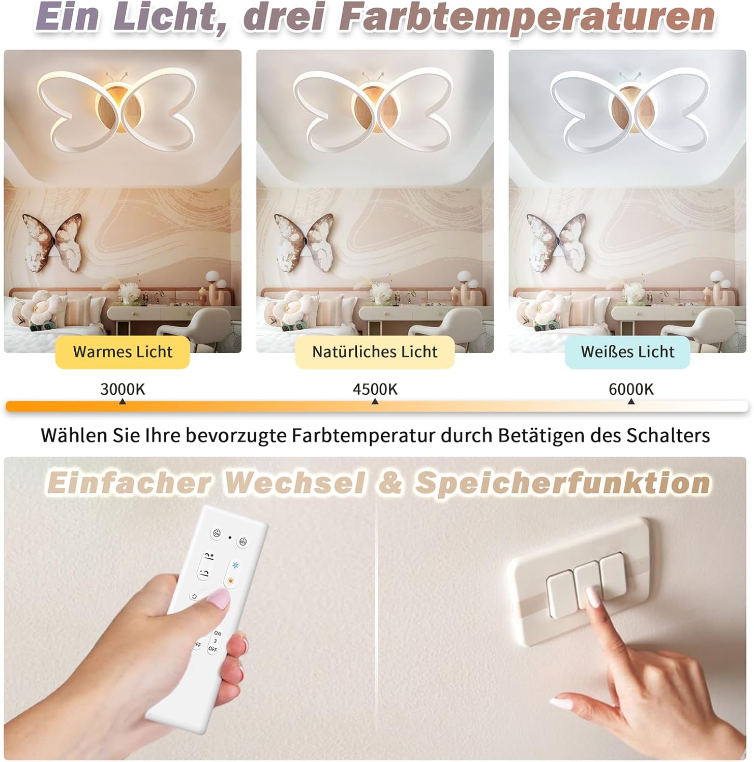 Detalle de LED Deckenleuchte Schlafzimmer mit Schmetterling-Design, 40W, 38 cm, dimmbar per Fernbedienung und Nachtlichtfunktion