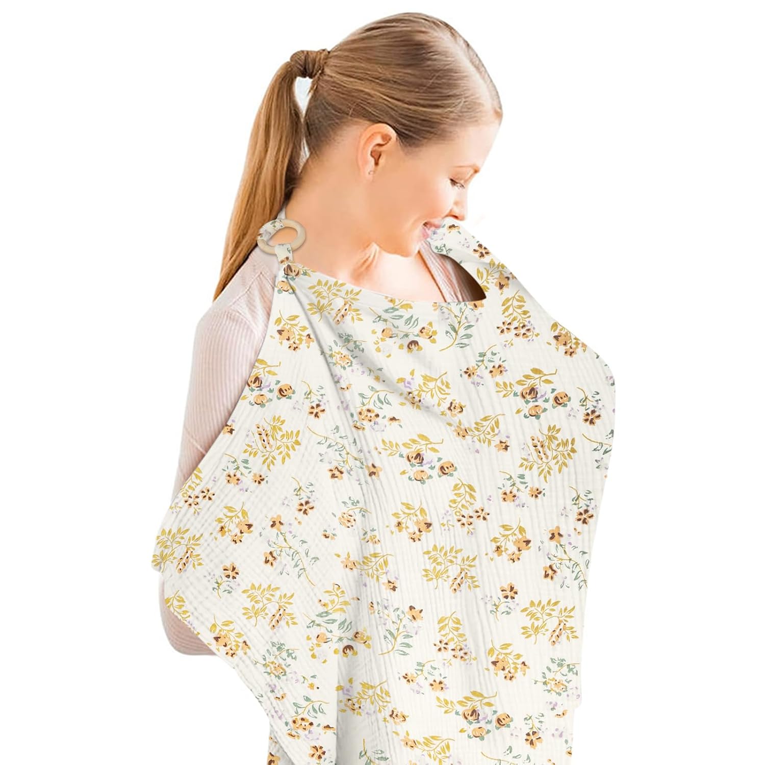 Detalle de Aolso Musselin Stillbezug für Babys – Atmungsaktiver Stillschal mit verstellbarem Riemen (Weißes Blumenmuster)