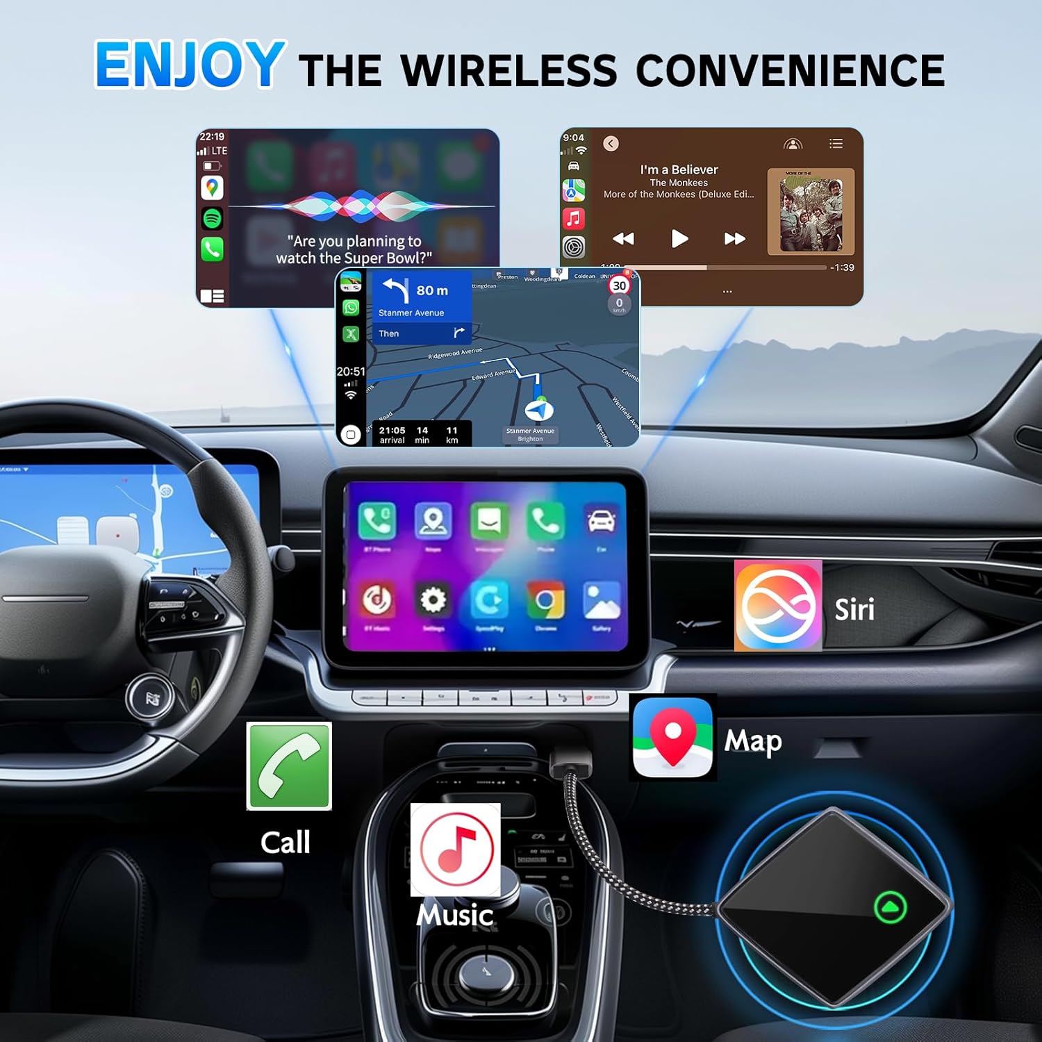Detalle de Wireless CarPlay Adapter für iPhone – Mini CarPlay Adapter von Wired, USB-C/USB-A Plug & Play, stabile kabellose Verbindung