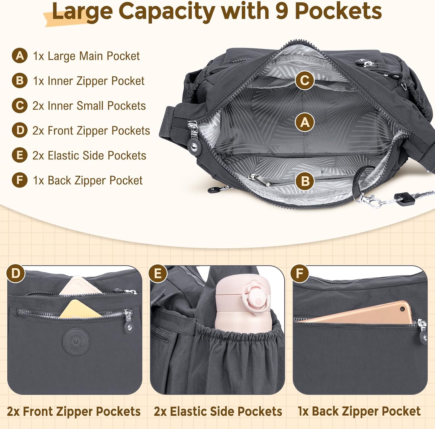 Thumbnail 4 de WACCET große Umhängetasche für Damen – wasserdichtes Nylon, 9 Fächer & verstellbarer breiter Schultergurt