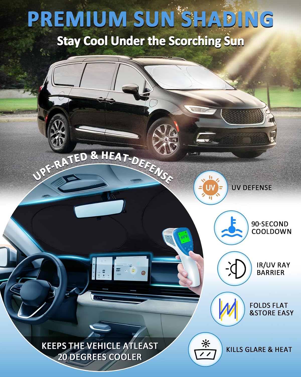 Thumbnail 1 de Custom-Fit Windshield Sun Shade for Chrysler Pacifica (2017–2026) – Save Interior from Sun and Heat