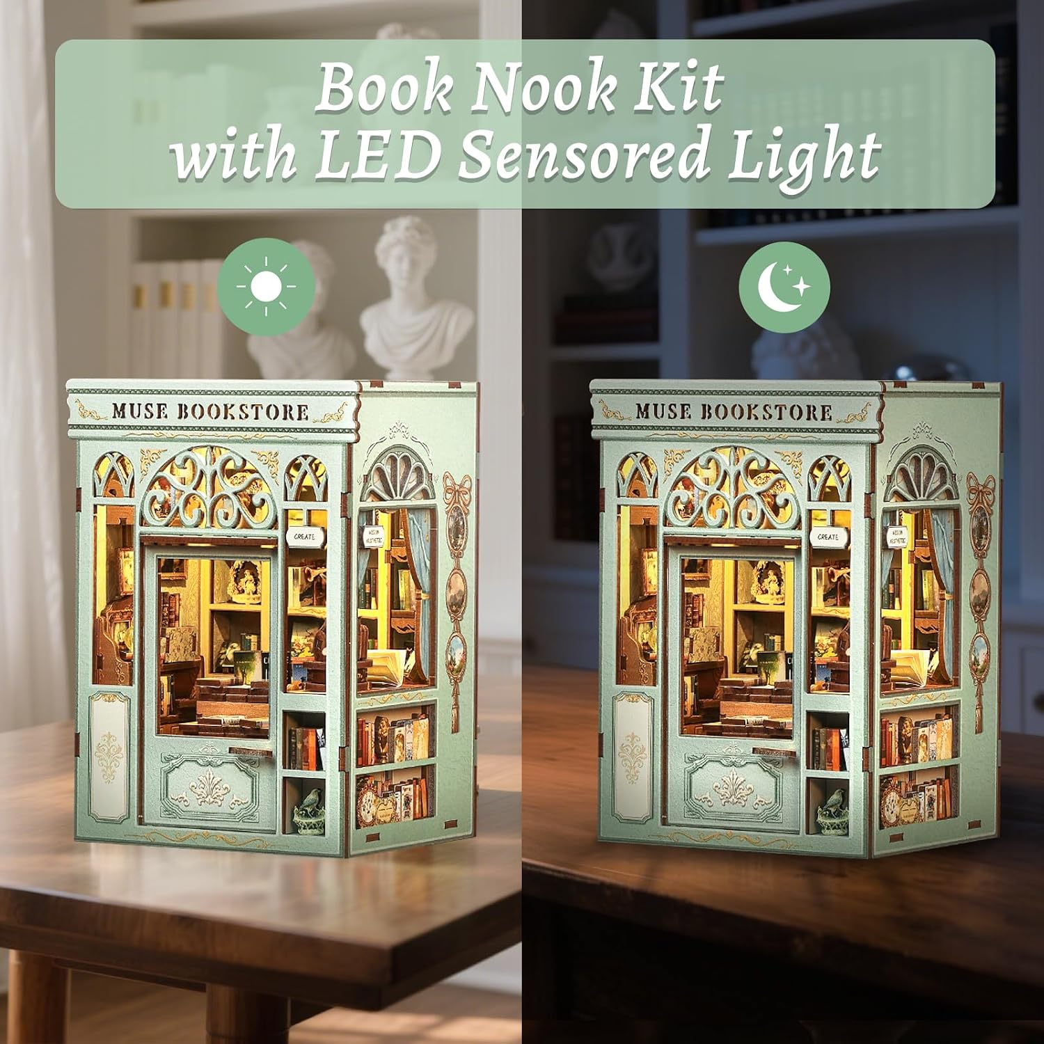 Detalle de Fsolis Book Nook Puppenhaus zum Selbstaufbauen – DIY mit LED-Licht, Dekoration und Bibliothek