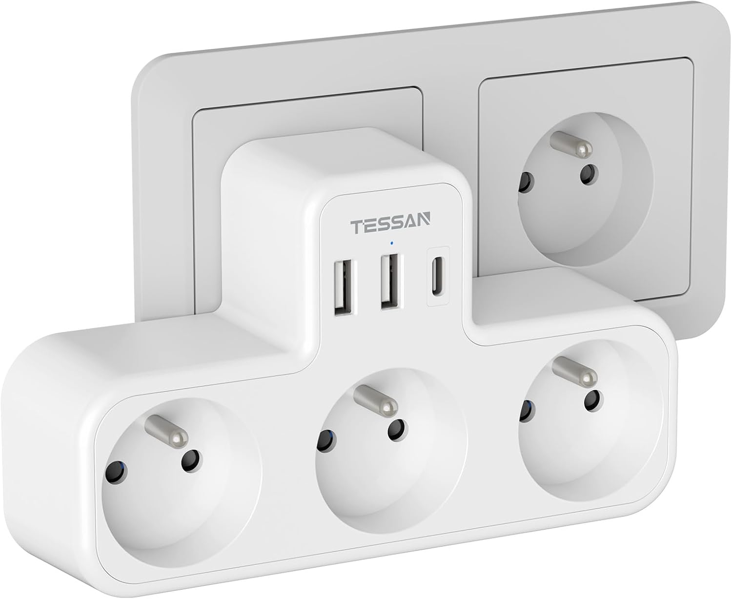 Detalle de TESSAN 6 en 1 Multiprise Murale USB-C, 3 Prises AC et 3 Ports USB – 3600W, design en T