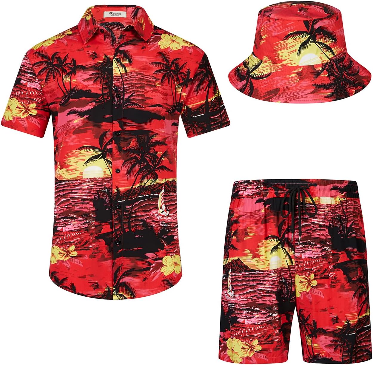 Detalle de SPKPKEY Hawaii-Hemd und Shorts für Herren 2-teilig – Lässiges Sommer-Outfit mit Hut
