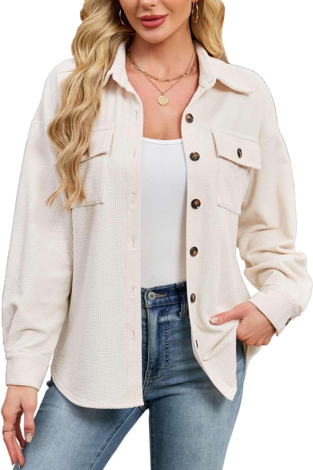 Detalle de Pawate Cordhemd Damen Lang – Elegante Cordbluse mit Oversize-Passform und Bogensaum