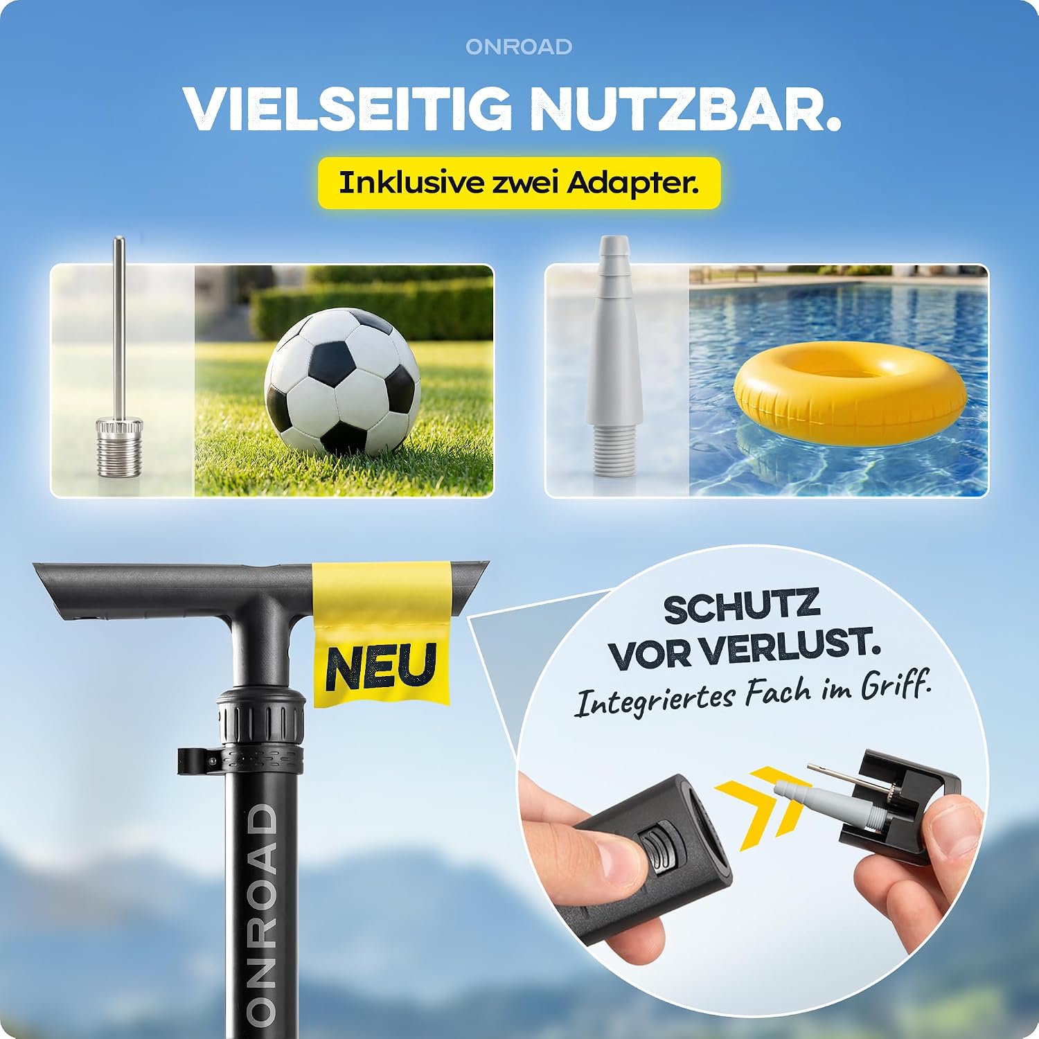 Detalle de ON‑AIR Fahrradpumpe für alle Ventile (Presta/SV, AV, DV) – Standluftpumpe mit großem Manometer, Adapter & Ballnadel