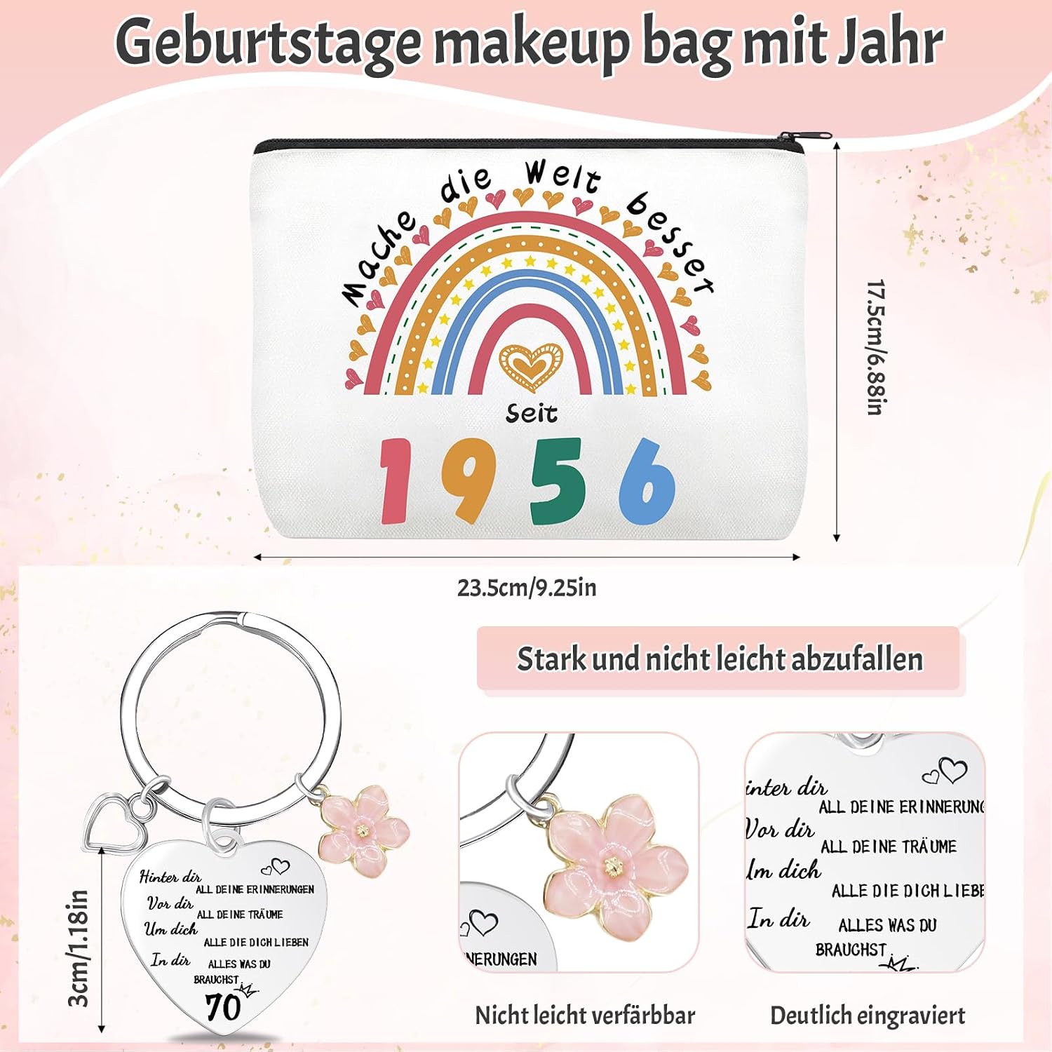 Thumbnail 1 de Shining She 70. Geburtstag Frau Set mit 1956 Kosmetiktasche, Schlüsselanhänger, klappbarem Kosmetikspiegel, rosafarbenen Socken