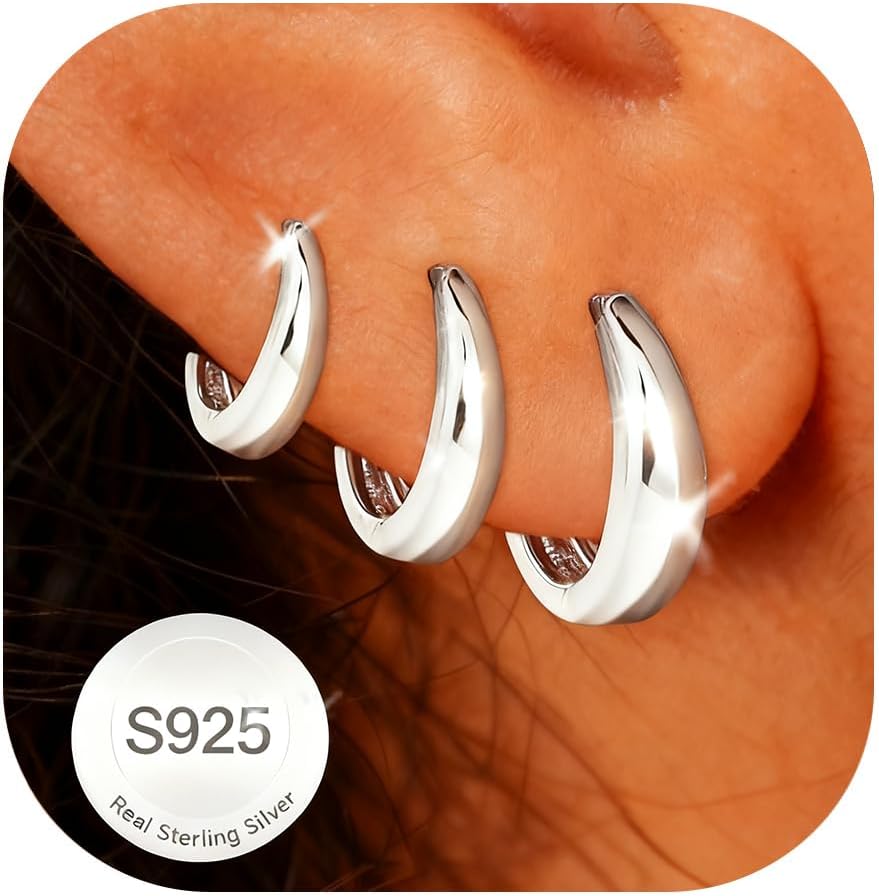 Thumbnail 5 de AVOTTO 3 Pairs Silver Earrings for Women – Hypoallergenic Sterling Silver Small Huggie Hoops