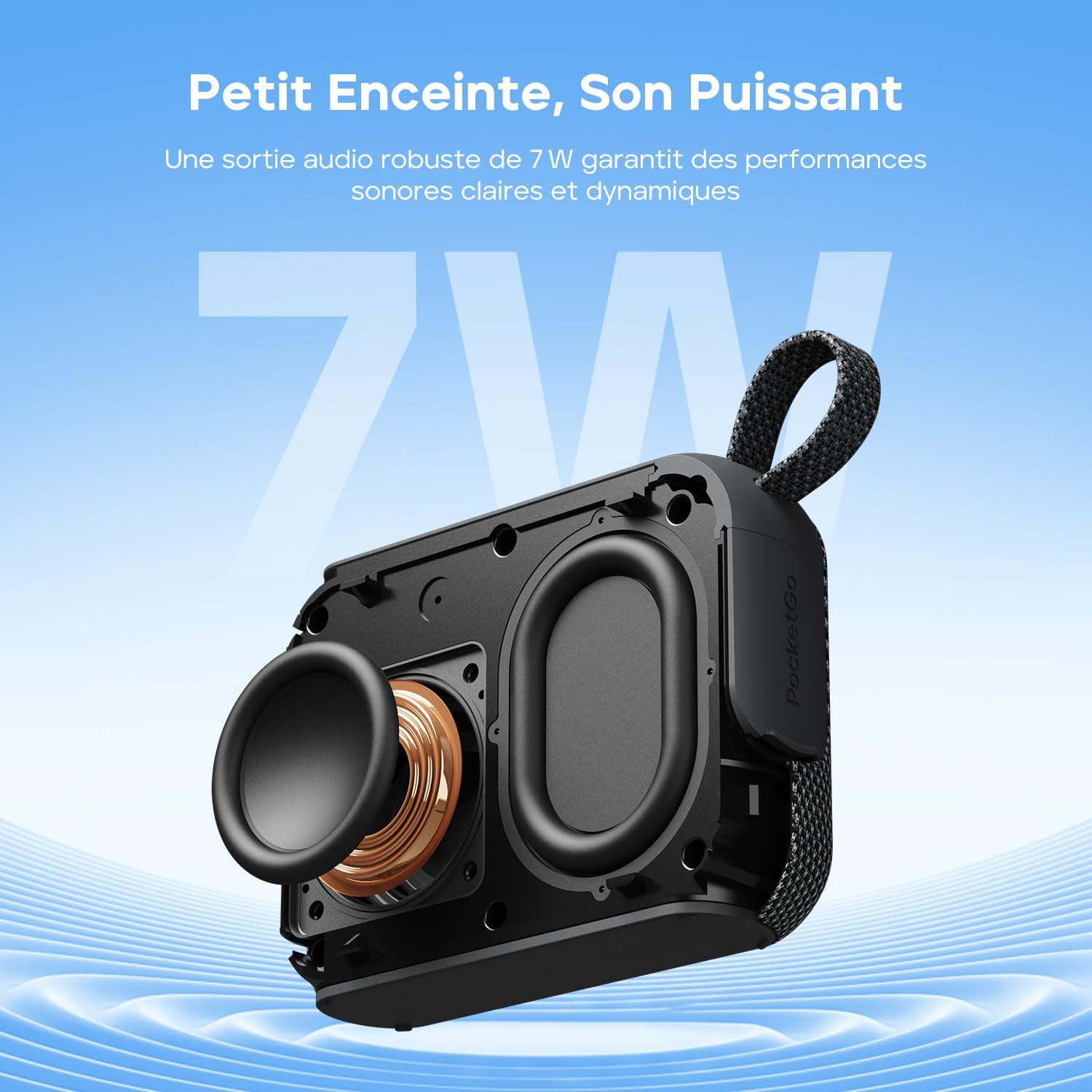 Detalle de Tribit PocketGo – Enceinte Bluetooth Portable, 20h d’autonomie, IP68 et flottante, Son puissant et TWS