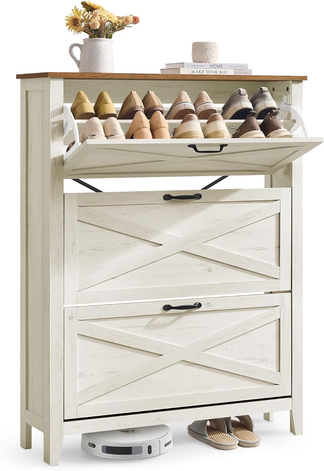 Detalle de VASAGLE LIRY HSC301W02 shoe cabinet, 3 flaps, vintage white