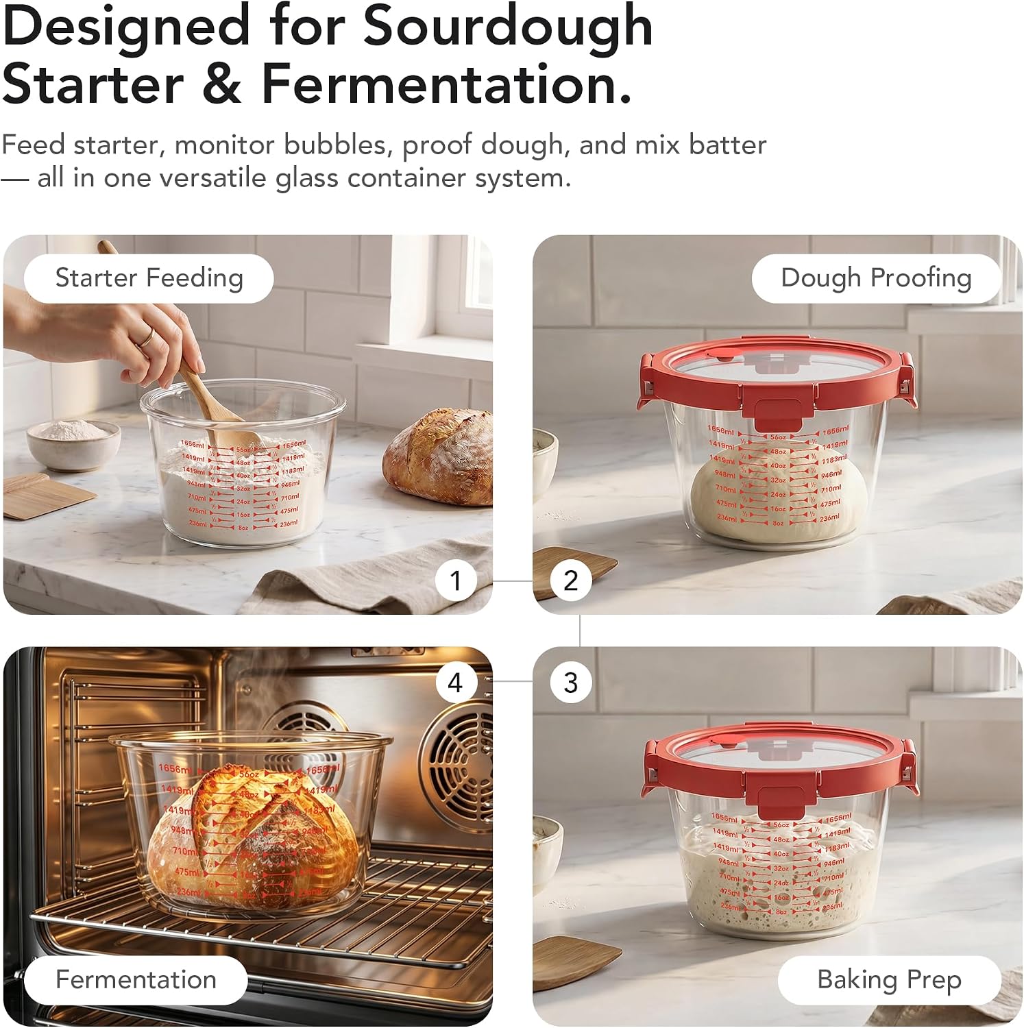 Detalle 2 de GENICOOK 24 oz & 71 oz Red Sourdough Jar Set, Borosilicate Glass