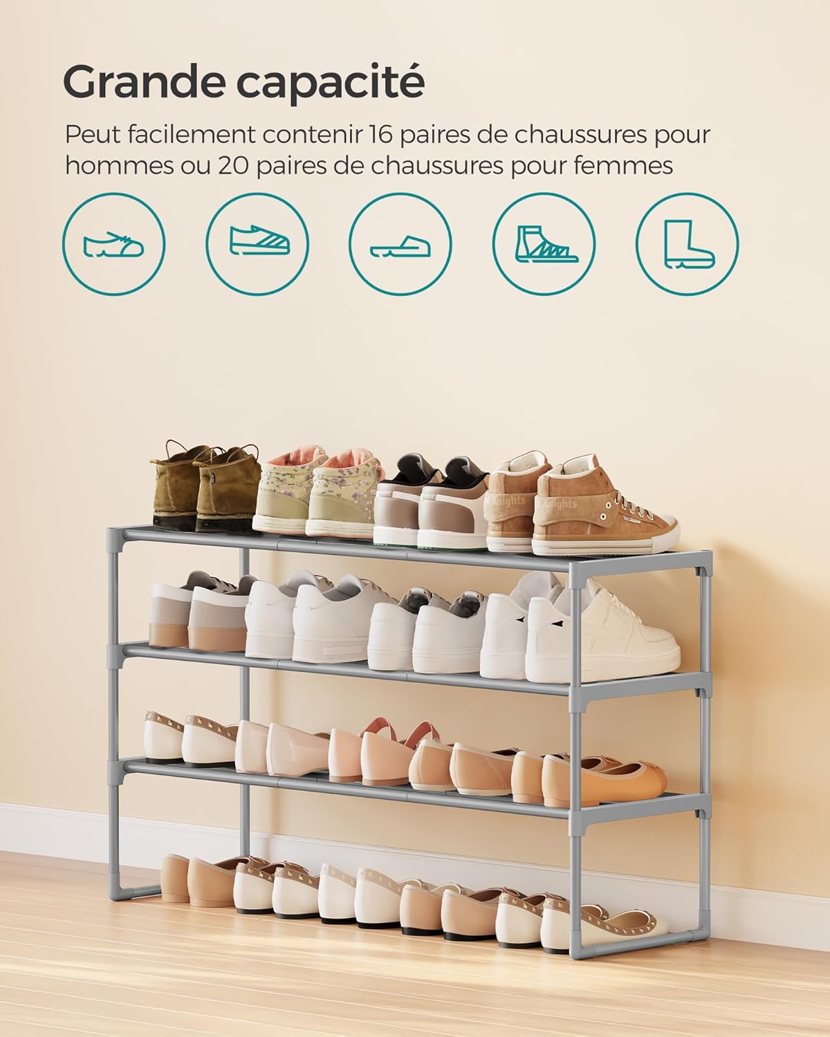 Detalle de SONGMICS LSA303G01 — étagère à chaussures 3 niveaux métallique, 16 à 20 paires, empilable, à l’endroit ou à l’envers