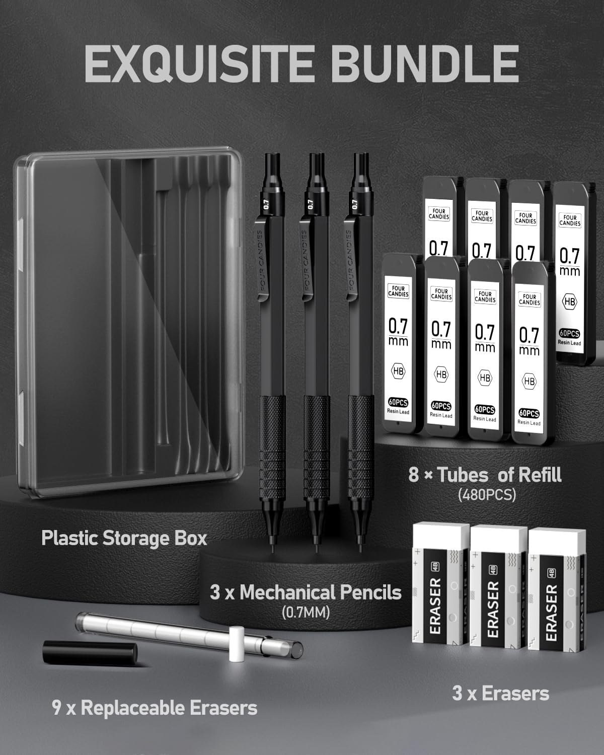 Detalle de Four Candies 1 Metal Mechanical Pencil Set, 0.7 mm, 3-Pack with Case