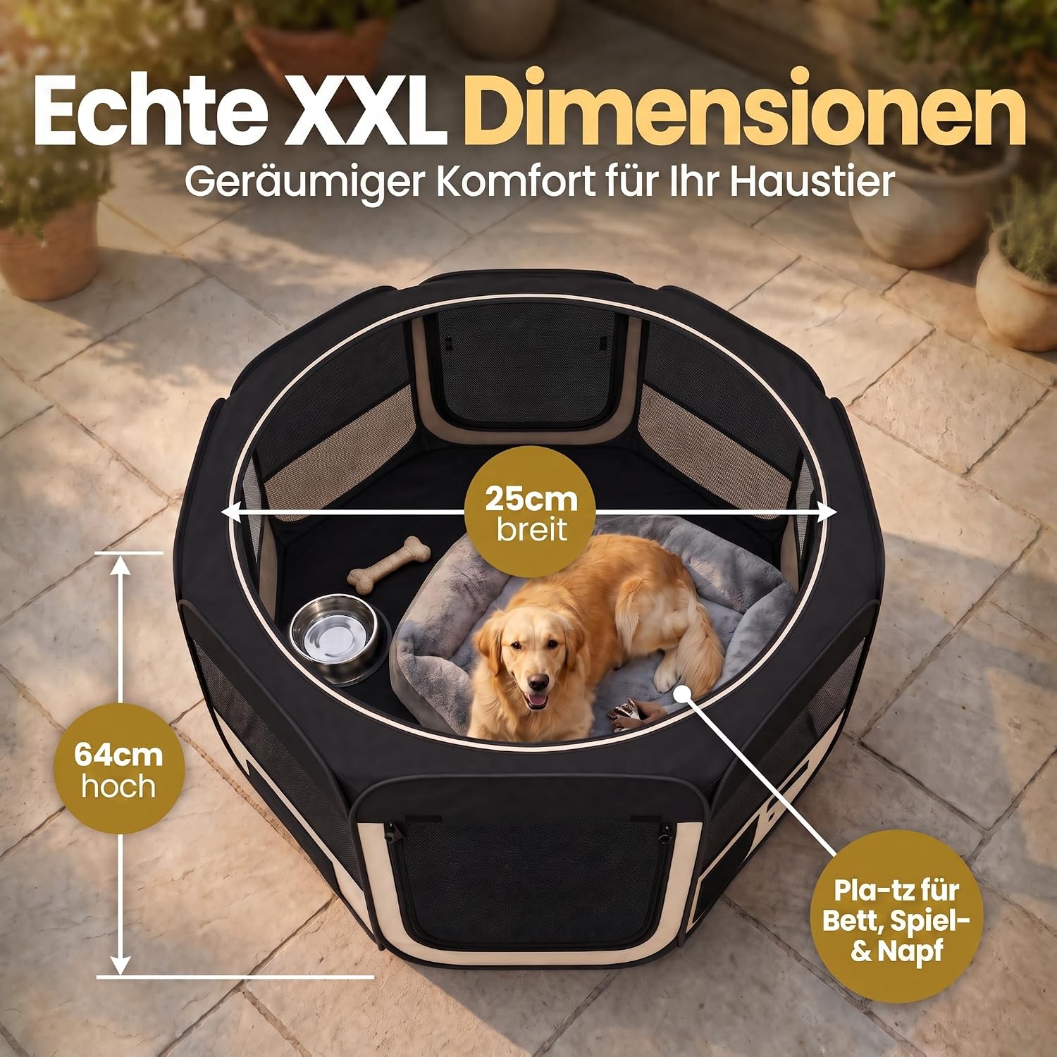 Detalle de all Pets United Welpen-Laufstall / Tierlaufstall XXL für drinnen & draußen (Schwarz-Beige)