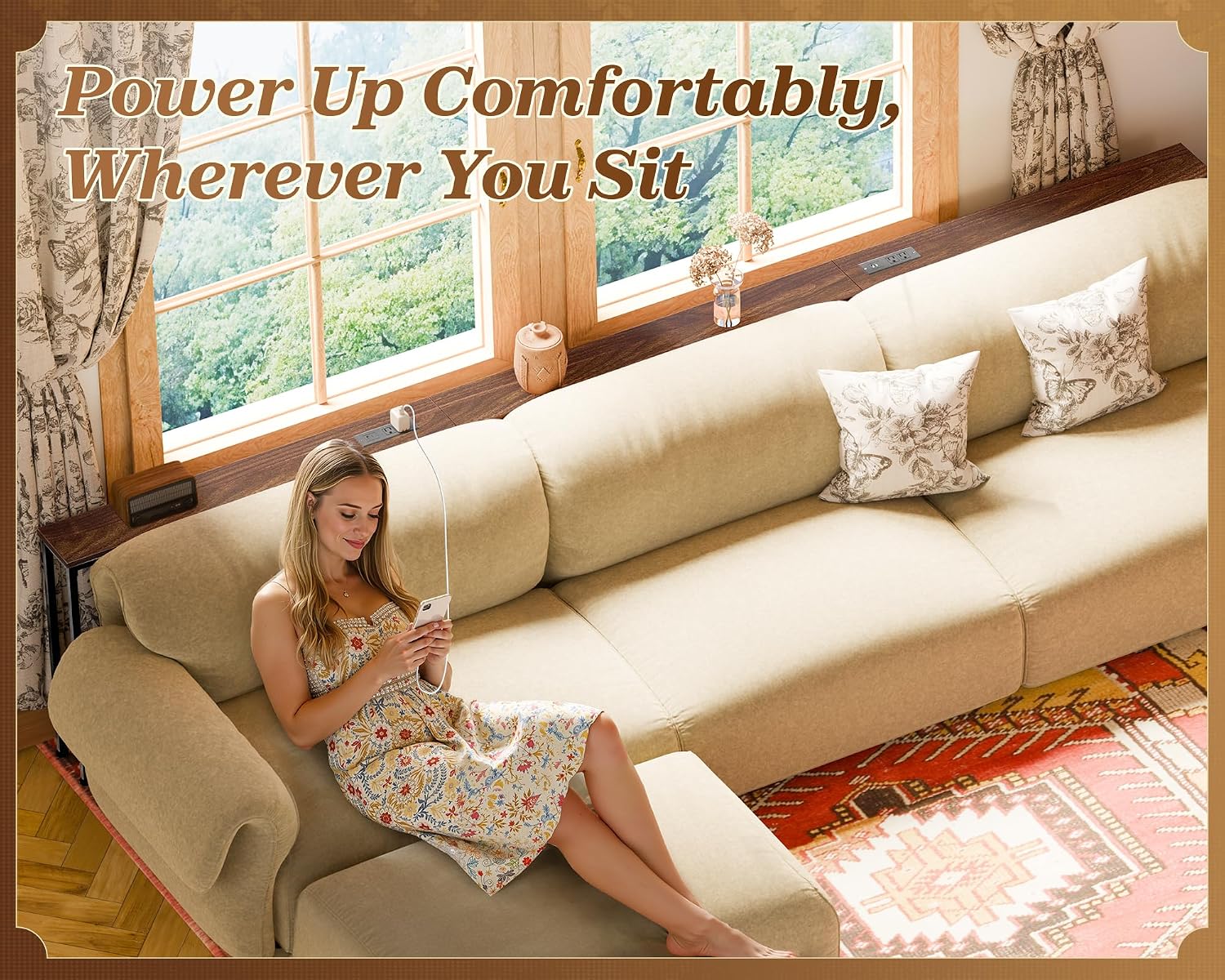 Thumbnail 6 de SUPERJARE 110.2 Inch Walnut Sofa Table with Built-in Power Outlets