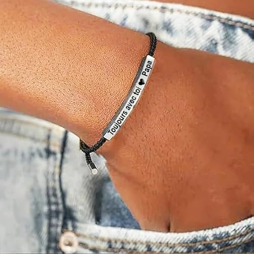 Detalle de Bramart bracelet homme gravé « Toujours avec toi Papa », acier et corde tressée