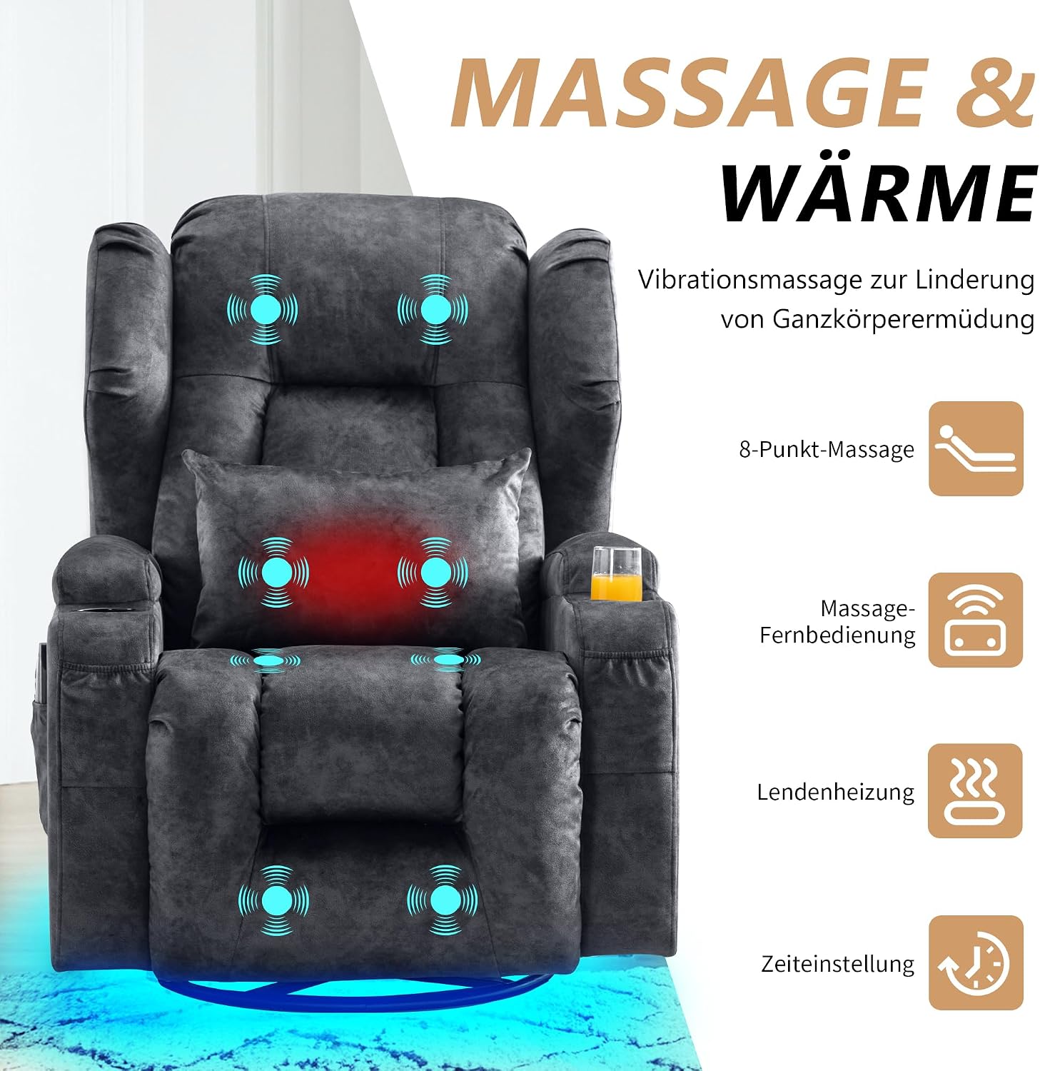 Thumbnail 6 de SITURAY 2-Motorer Elektrischer Verstellbarer Relaxsessel mit Liegefunktion, Drehbarer TV-Sessel mit Massage + Wärme – Samt Grau