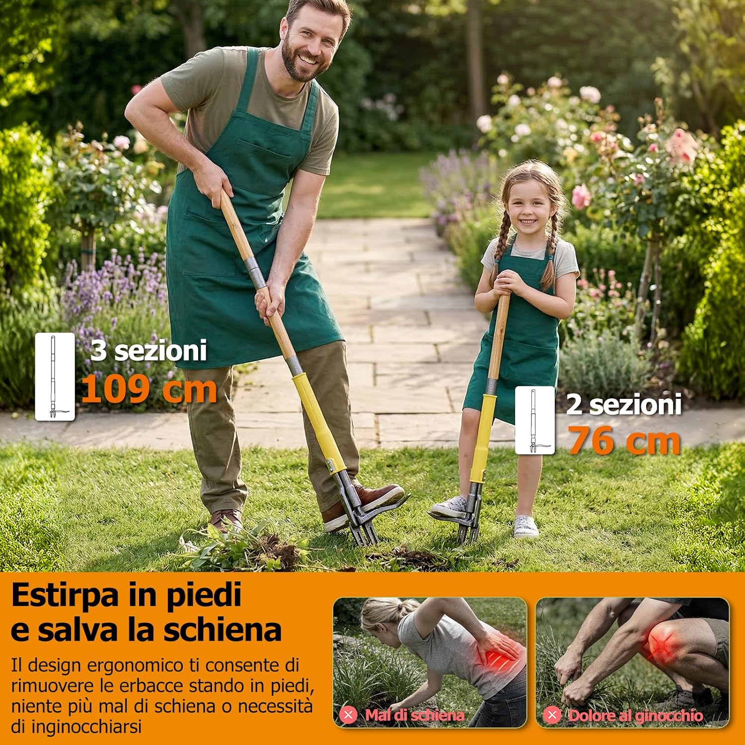 Detalle de Estirpatore per Erbacce e Denti di Leone, 109 cm, con 4 Artigli in Acciaio e Sistema di Espulsione a Scorrimento