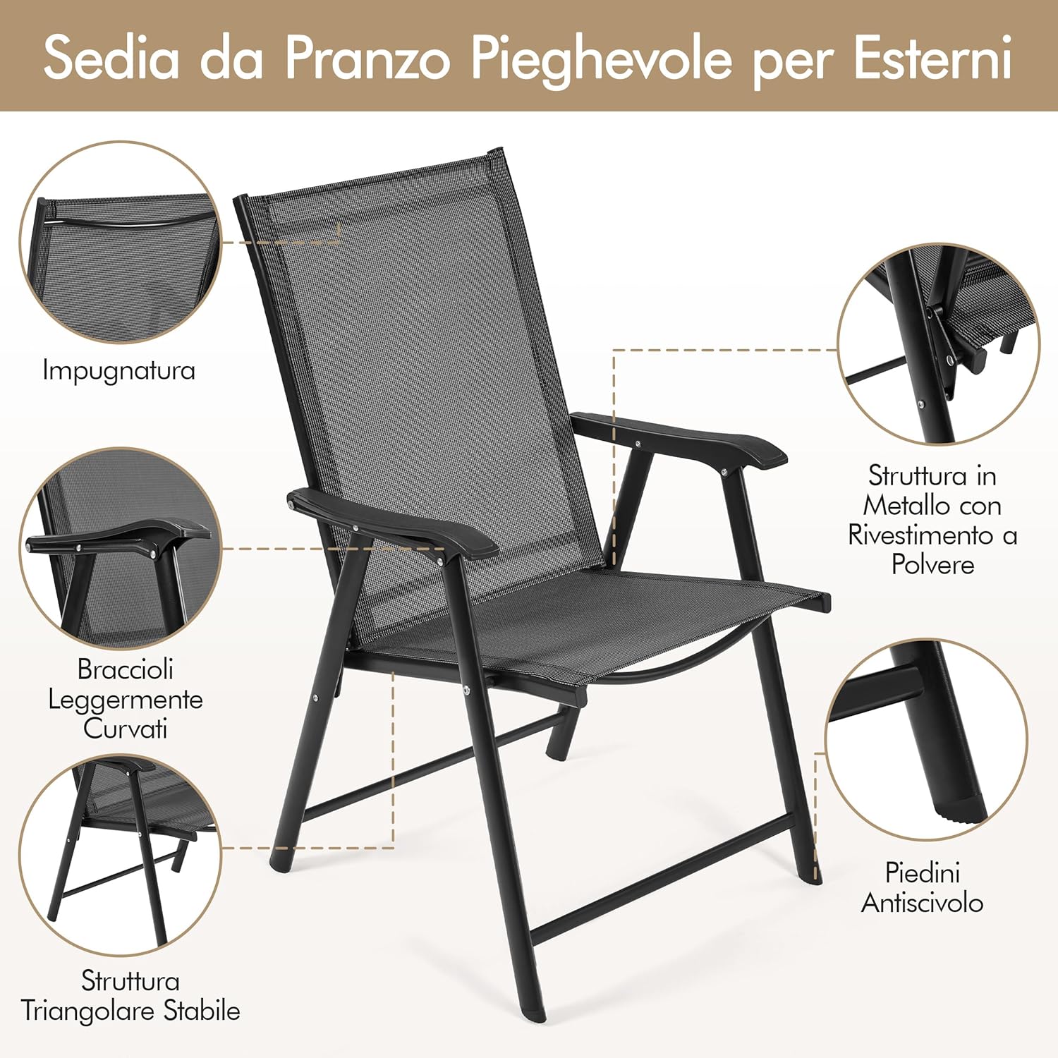 Thumbnail 4 de Yaheetech set di 2 sedie da giardino pieghevoli con braccioli in tessuto Nero