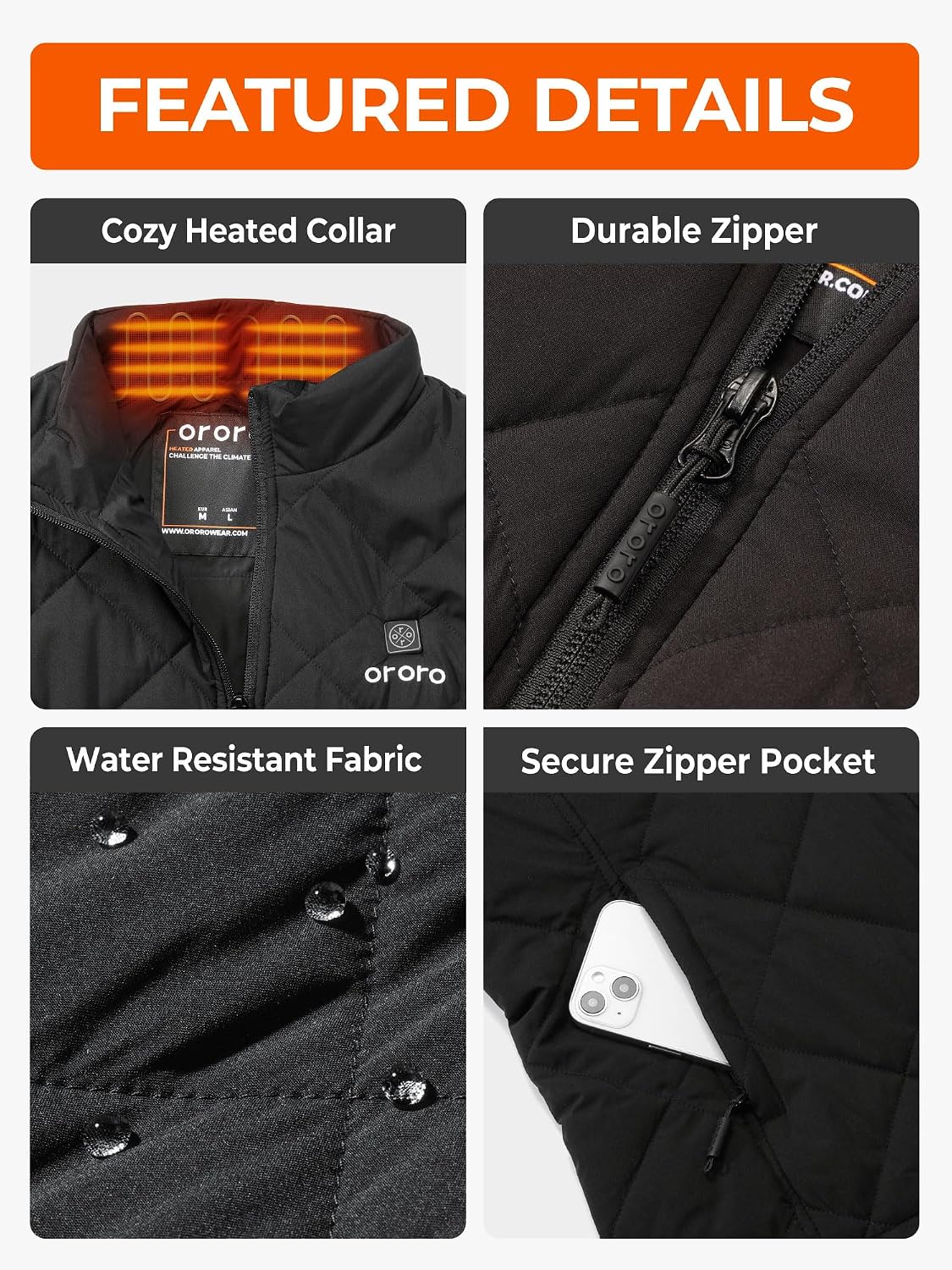 Detalle 1 de ORORO Women's Quilted Lightweight Heated Vest with 4-Zone Heating