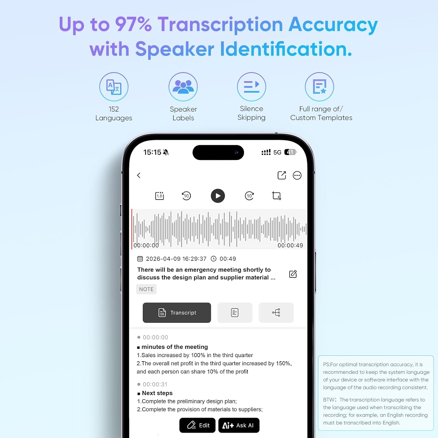 Thumbnail 5 de AI Voice Recorder with APP Control: Transcribe, Summarise and Manage Meetings