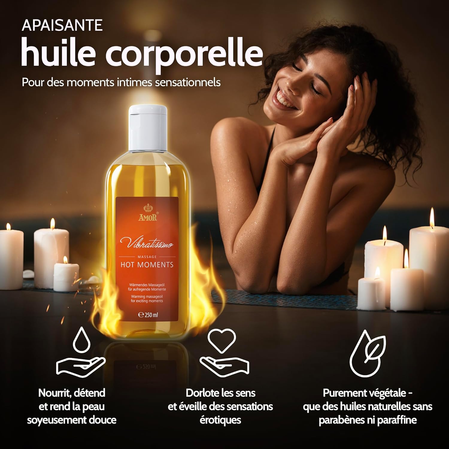 Detalle de Vibratissimo Hot Moments 250 ml, huile de massage