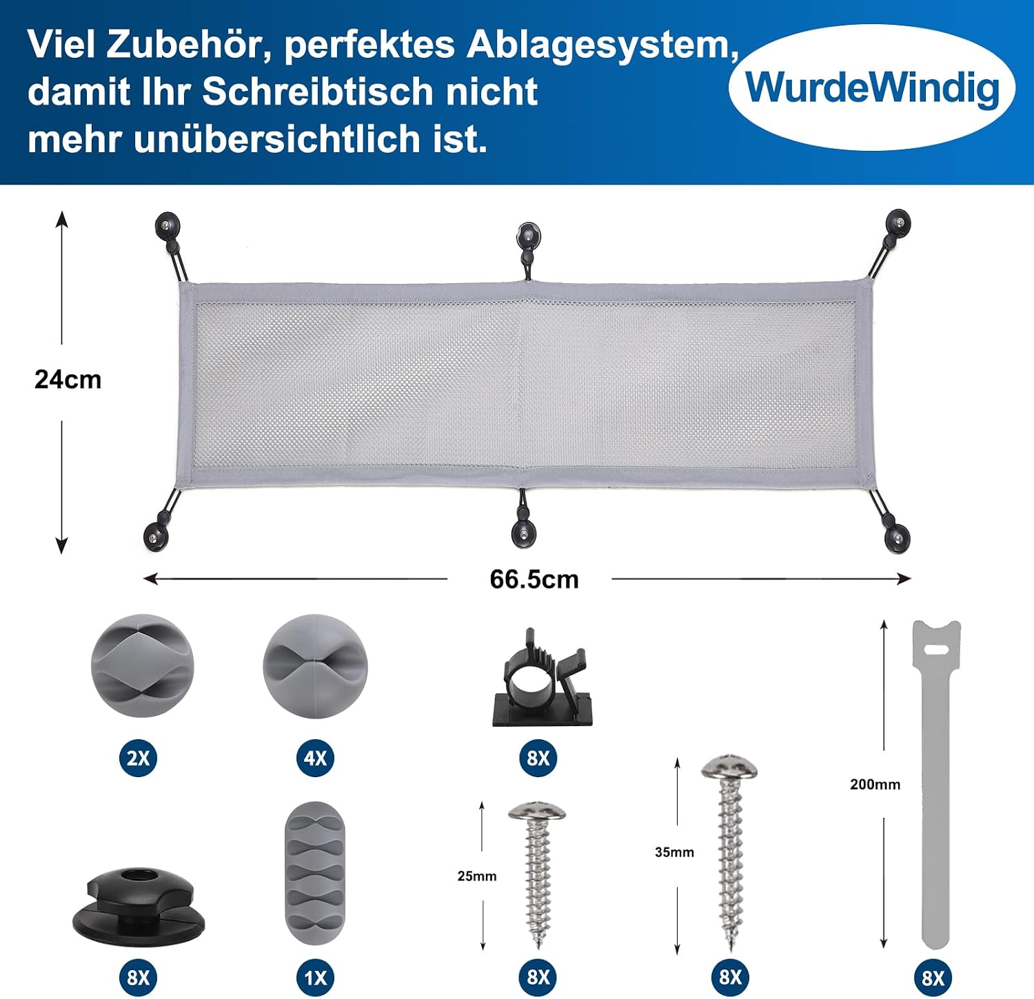 Detalle de WurdeWindig Kabelnetz Schreibtisch für Kabelmanagement – flexibler Netz mit 66,5 × 24 cm, Grau