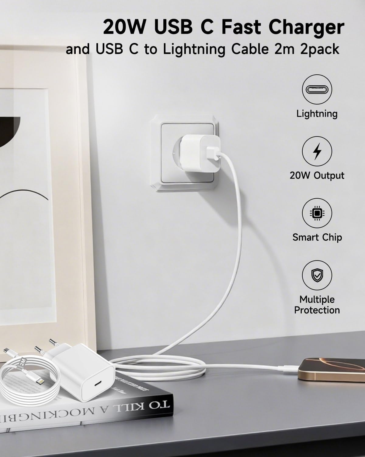 Detalle 2 de Cargador iPhone 20W con Cable 2 m y Certificación MFi