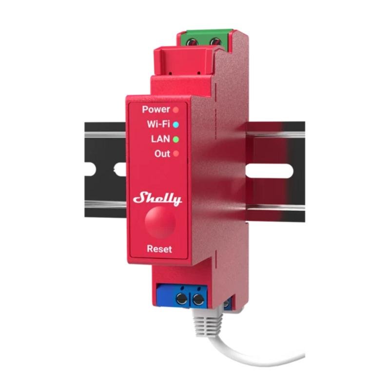 Detalle de Shelly Pro 1PM: Relé Wi-Fi/LAN/Bluetooth con monitorización energética para uso profesional y doméstico