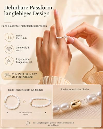 Detalle de LOLIAS Perlenring Naturstein Damenring – Anti-Stress Drehring mit Süßwasserperlen