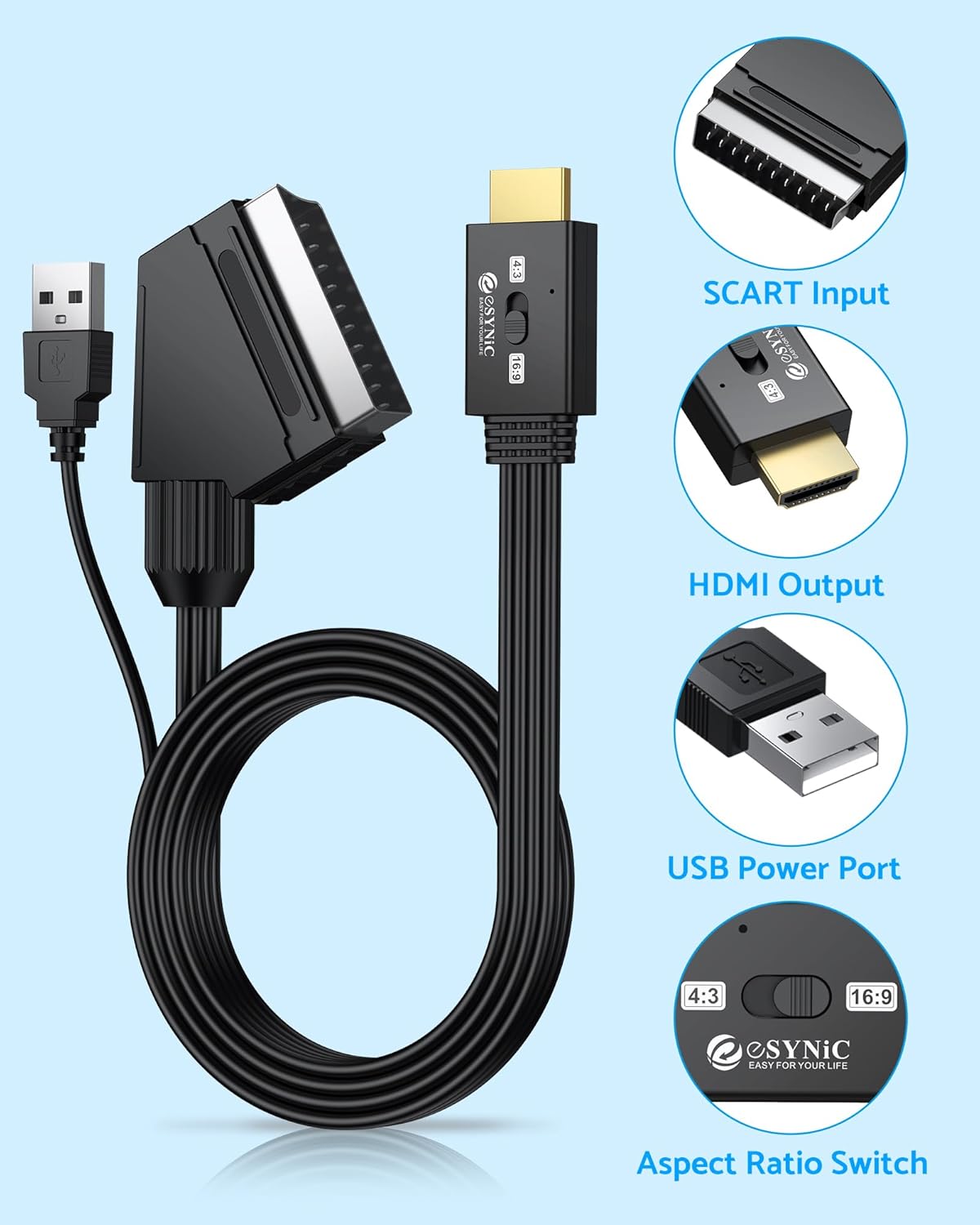 Thumbnail 6 de eSynic Upgraded SCART to HDMI 1080P Converter with 4:3/16:9 Aspect Switch (Gold SCART adapter)