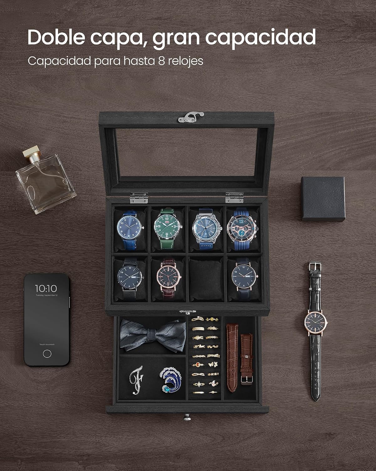 Detalle de SONGMICS JOW008B02 caja para 8 relojes