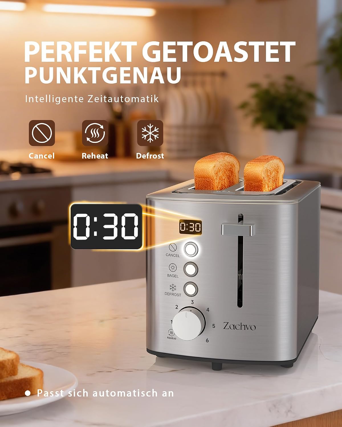 Thumbnail 2 de Edelstahl 2-Scheiben-Toaster mit LED-Countdown & 3,5-cm-Schlitzen, 6 Bräunungsstufen und Brötchenaufsatz (silber)