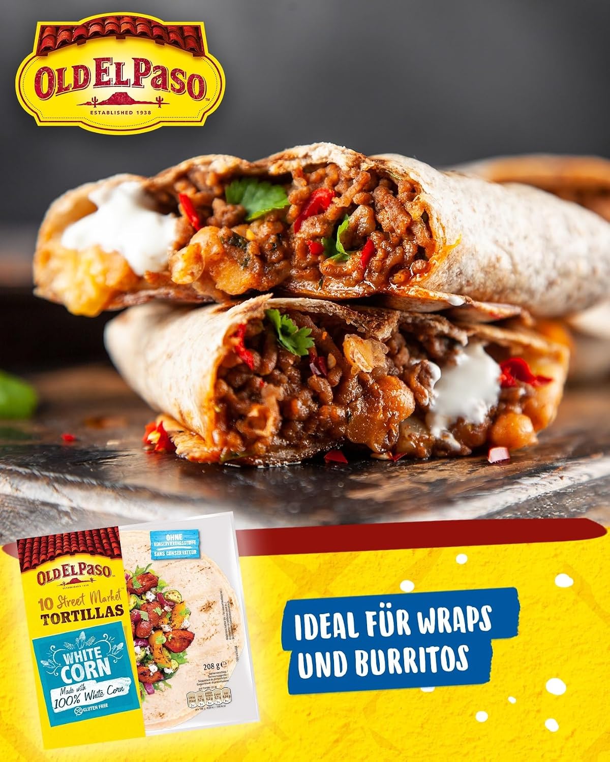 Detalle de Old El Paso Street Market Tortillas (glutenfrei) – mexikanische Wraps aus weißem Mais, 3er-Pack mit 208 g