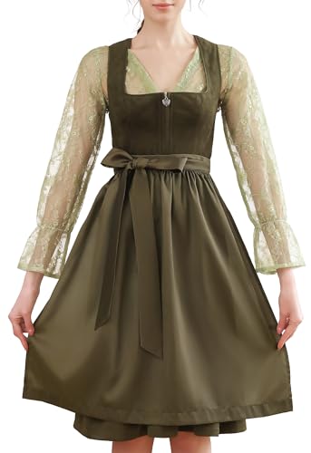 Detalle de EIISSION Dirndl Damen midi Lang Dirndl Grün – 3-teiliges Trachtenset mit Bluse und Schürze