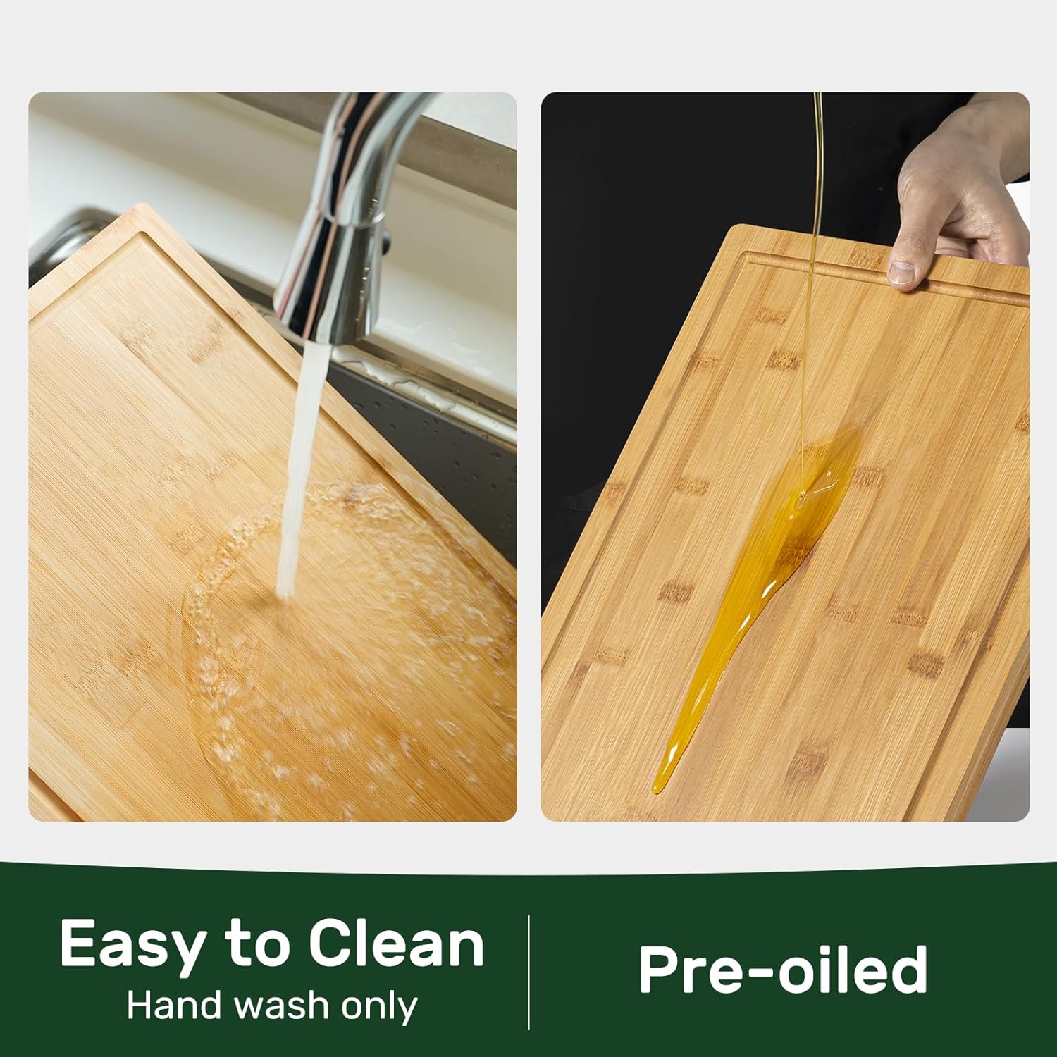 Detalle 2 de Kikcoin 17” x 11” Bamboo Cutting Board with Deep Juice Groove & Handle
