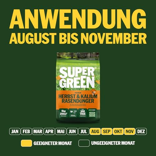 Detalle 2 de SUPERGREEN Herbst- & Kalium-Rasendünger Langzeit bis 100 Tage – 5 kg für 250 m², NPK 5-10-22, nitratfrei