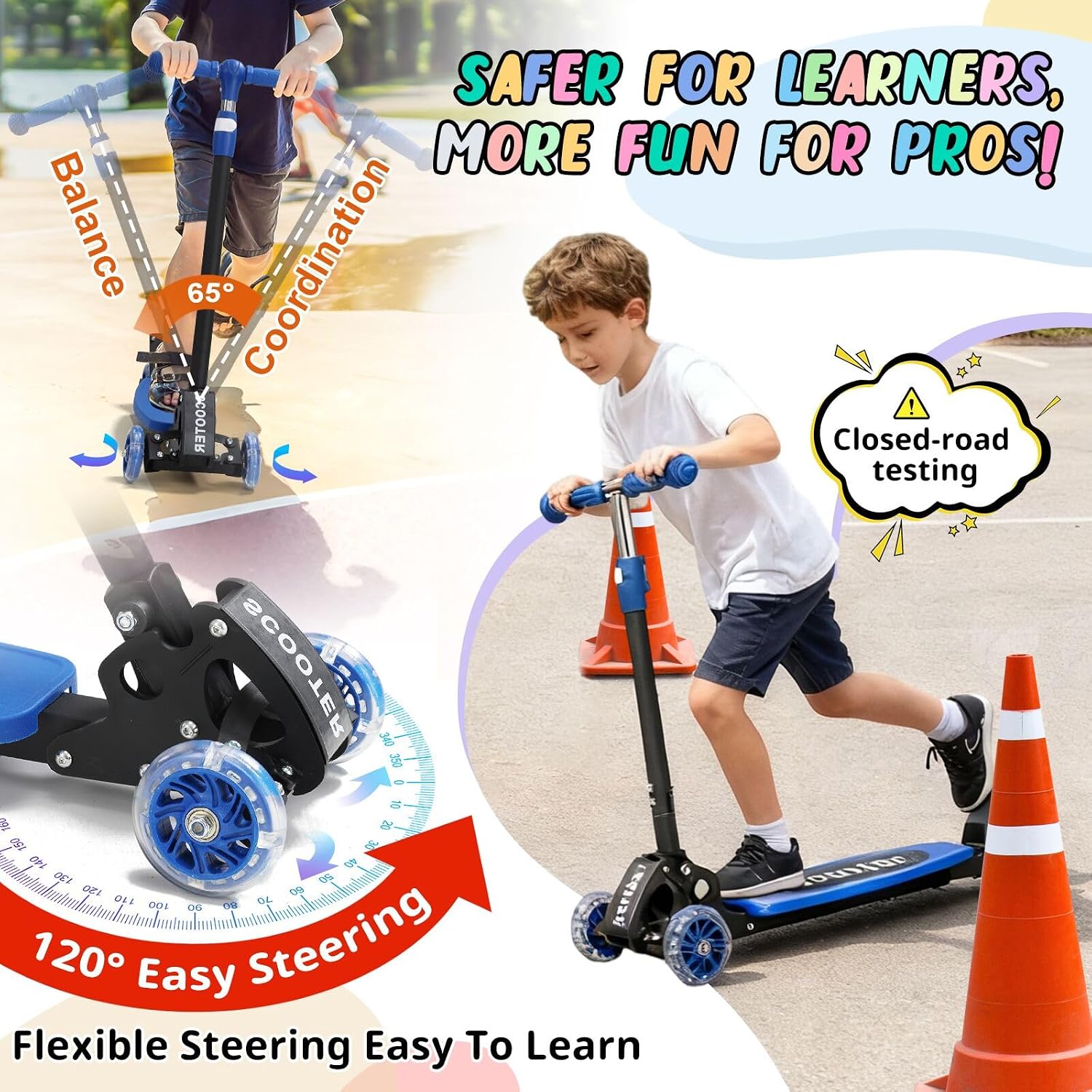 Detalle de Kids 3-Wheel Kick Scooter (Ages 3–7) with Light-Up Wheels, Lean-to-Steer, Adjustable Handlebar