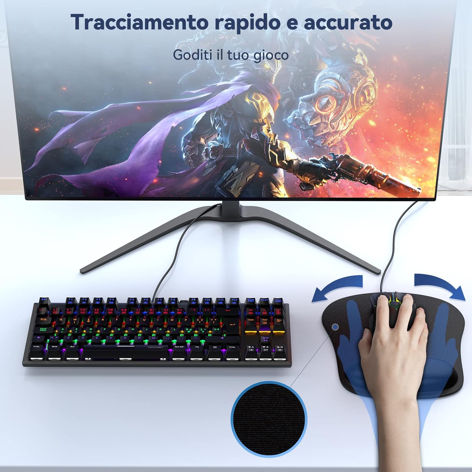 Thumbnail 6 de TECKNET Tappetino Mouse con Poggiapolsi – Memory Foam, superfice setosa e base antiscivolo