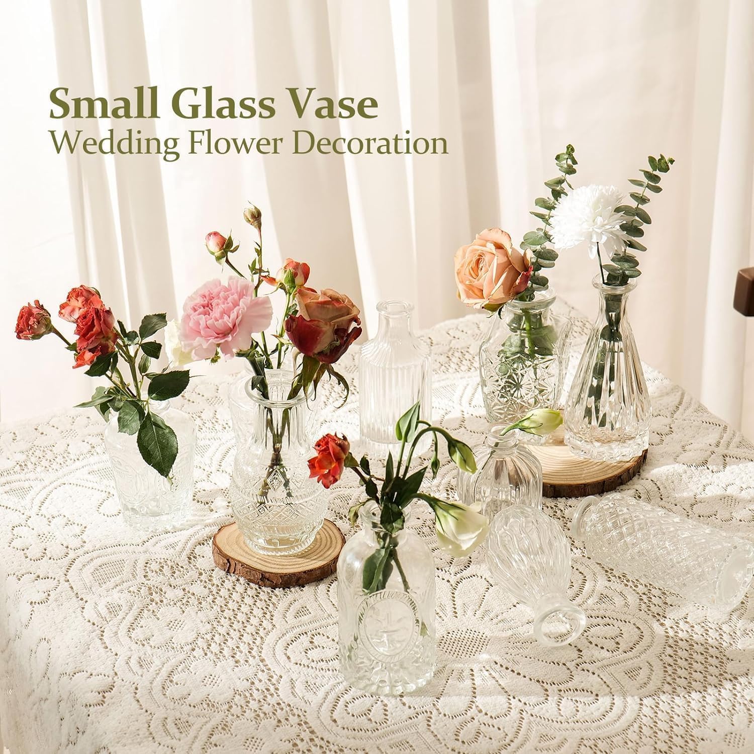 Detalle de Sawoake 12pcs Mini Bud Vases Set — Vintage Clear Glass Centerpieces for Weddings and Events