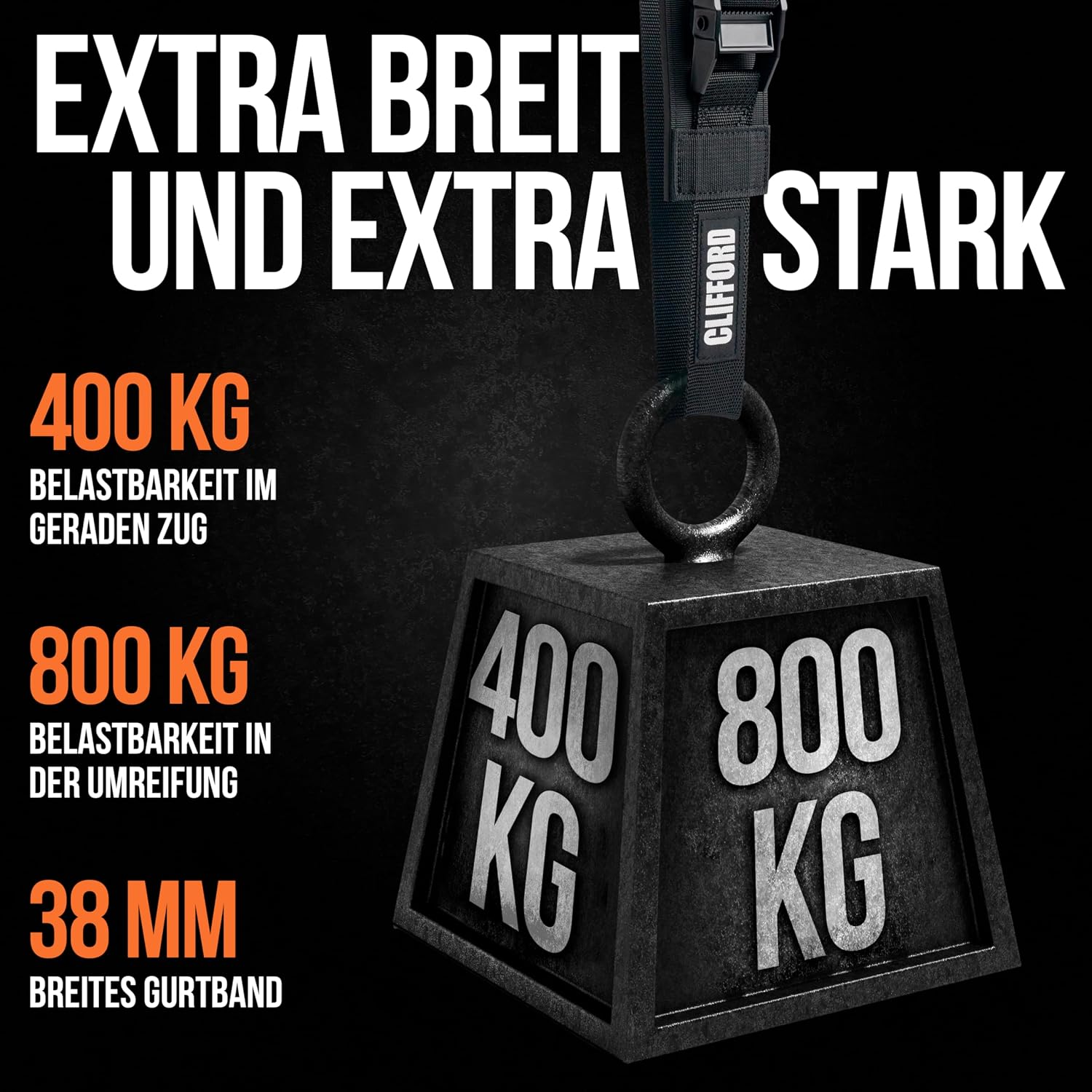 Detalle de CLIFORD Sicherheits-Spanngurt „Extra Breit“ 38 mm – Druckverteilender Zurrgurt nach EN12195-2