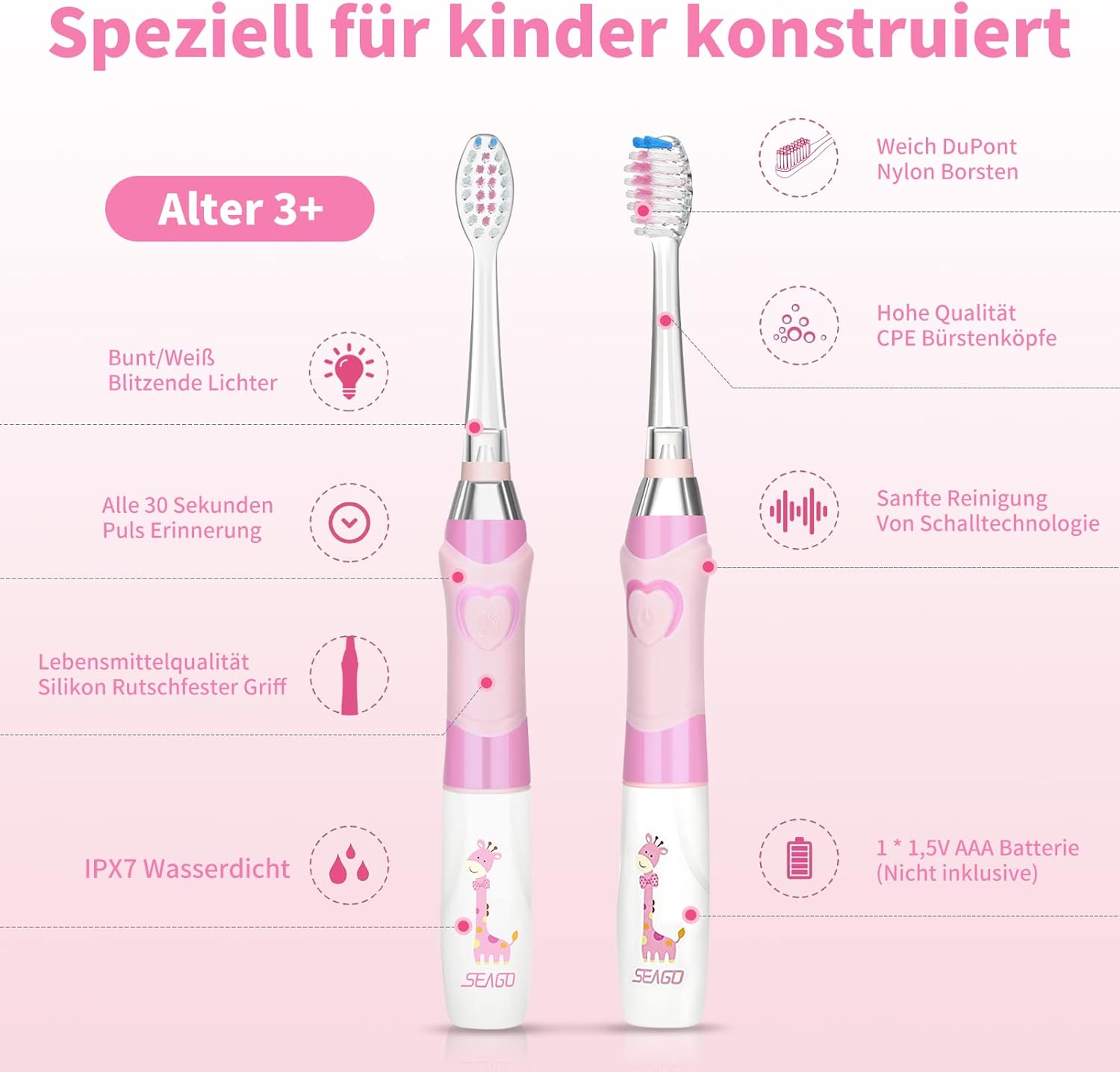 Thumbnail 6 de Seago SG977 Elektrische Kinderzahnbürste (Rosa) – 3–12 Jahre, LED-Farblicht, 2-Minuten-Timer, IPX7