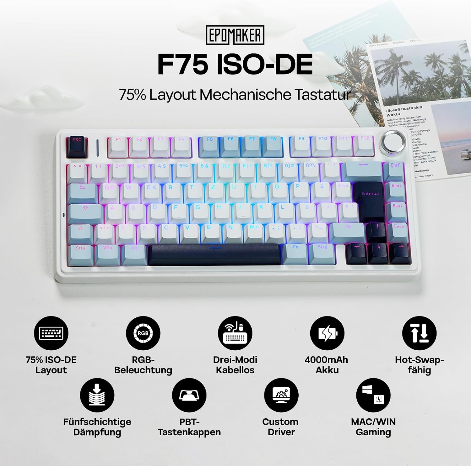 Detalle de EPOMAKER x Aula F75-ISO 75%-Mechanische Tastatur (DE QWERTZ) mit Hot-Swap, BT/2,4 GHz/USB-C