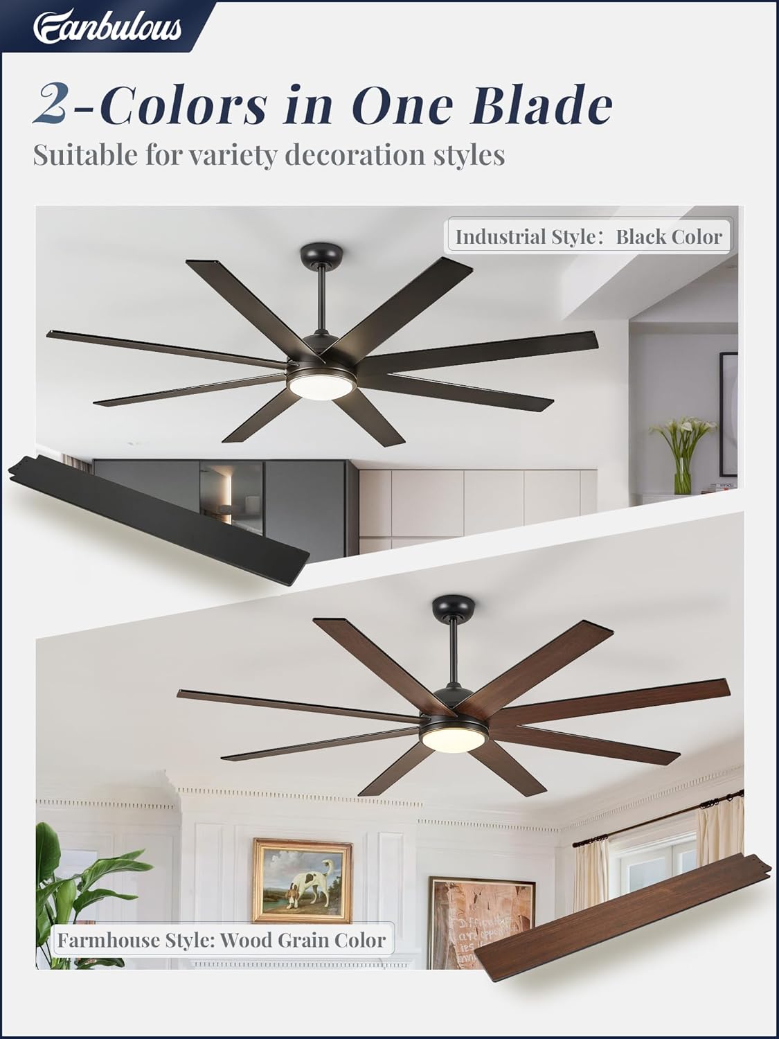 Detalle 2 de Fanbulous 65 Inch Ceiling Fan with Lights and Remote — Black Indoor/Outdoor, Quiet DC Motor